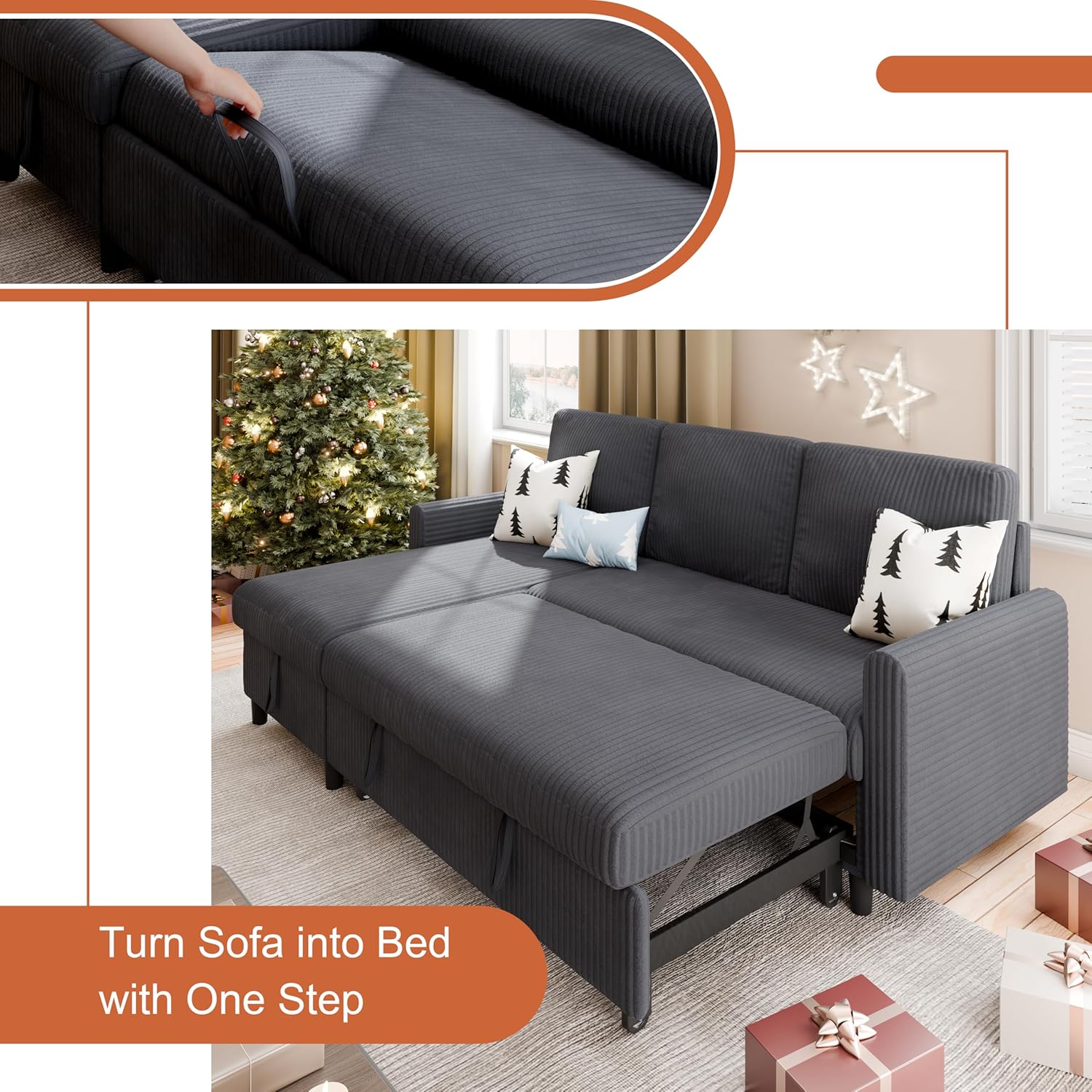 Vongrasig Pull Out Couch, Small Sleeper Sofa with Storage, 77" L Shaped Convertible Sofa Bed with Corduroy Fabric for Small Living Room, Apartment, Dark Grey