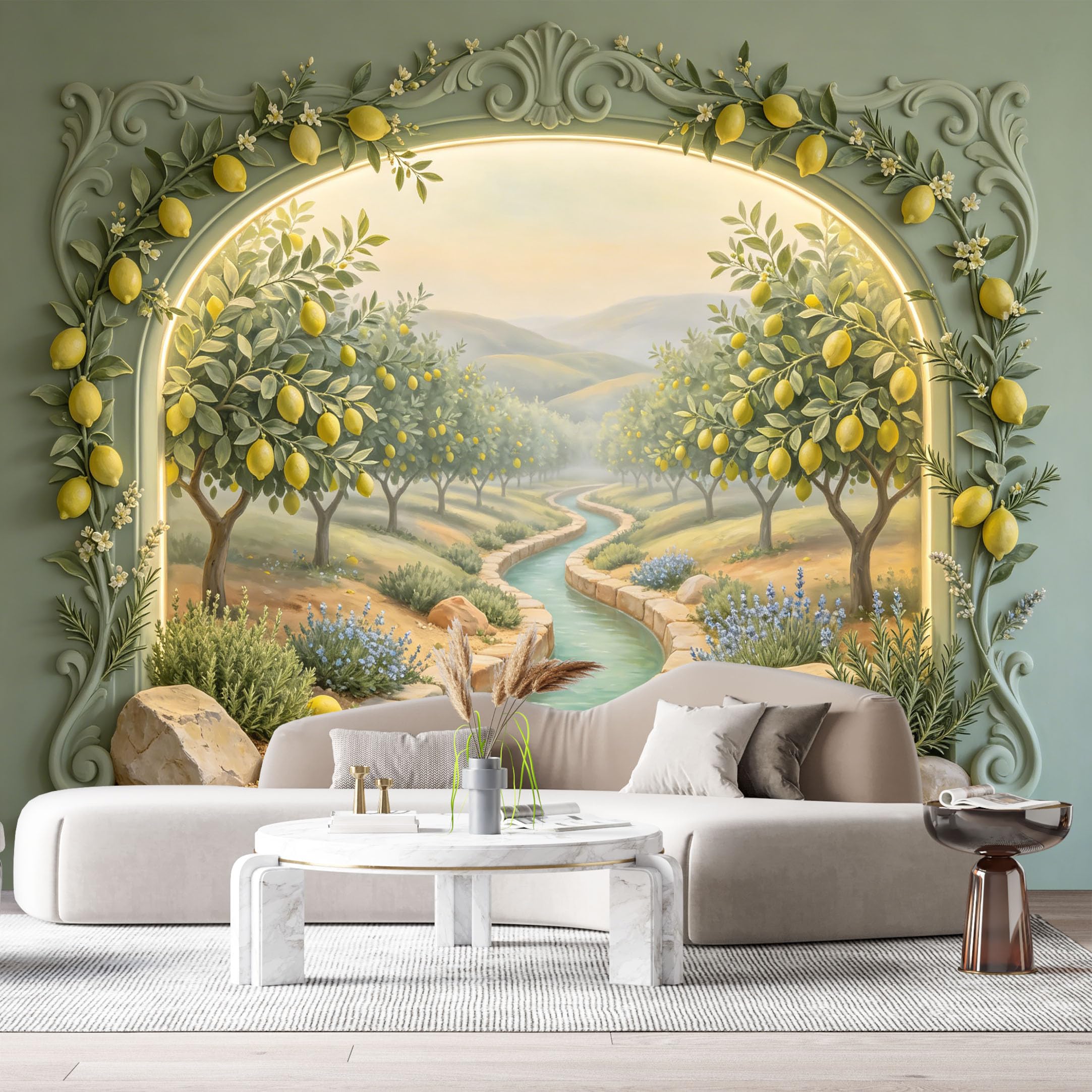 Custom Size Wall Murals Lemon Tree Orchard Creek Landscape 3D Trompe L'Oeil SelfAdhesiveWall Fabric Removable Wallpaper Wall Decor for Living Room Bedroom Bathroom