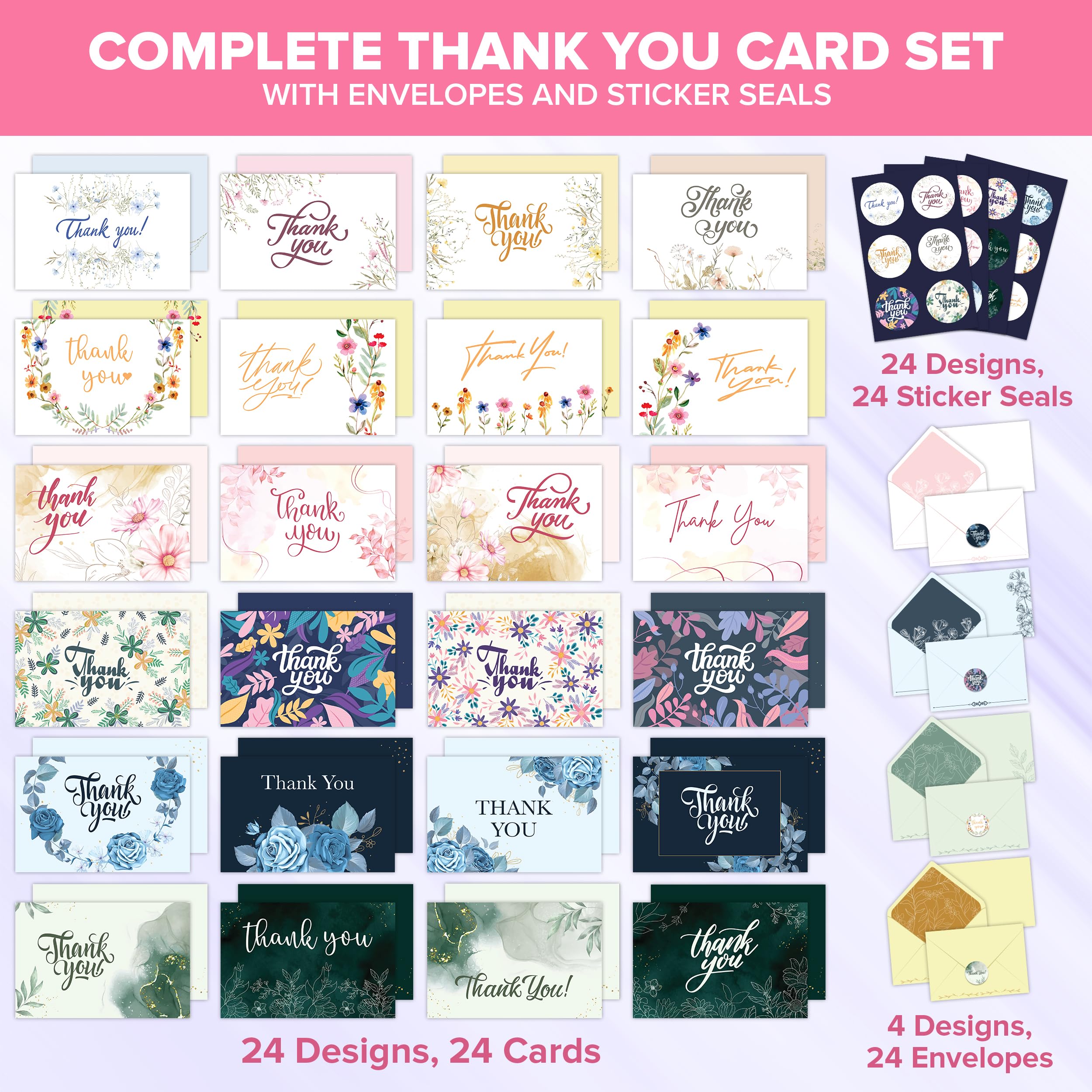 Snapklik.com : Decorably 24 Pack 6x4in Floral Assorted Thank You Cards