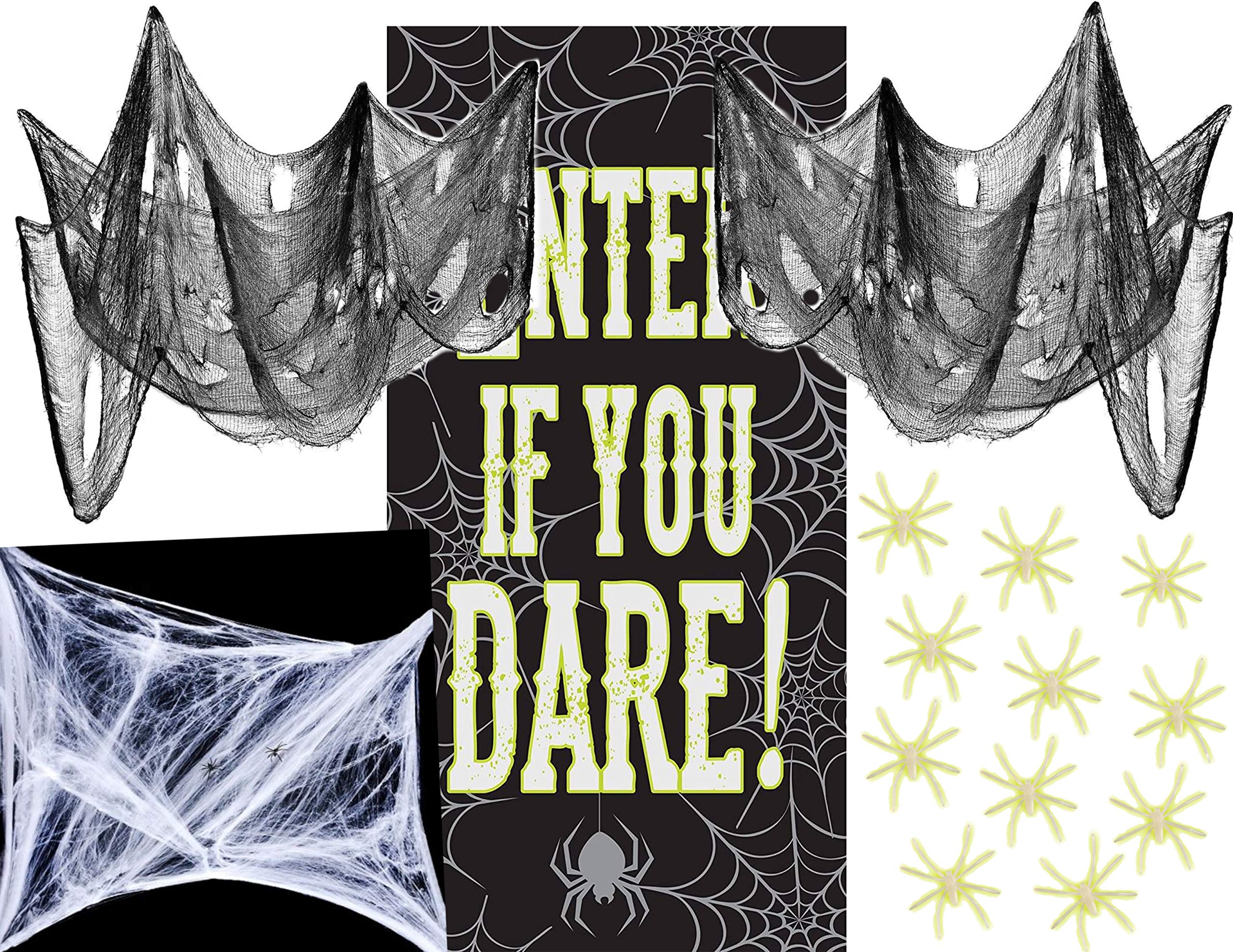 BlackLabel Direct Halloween Indoor/Oudoor Decorations Party Supplies Bundle - Door Cover, Creepy Cloth, Spider Webbing and Spiders