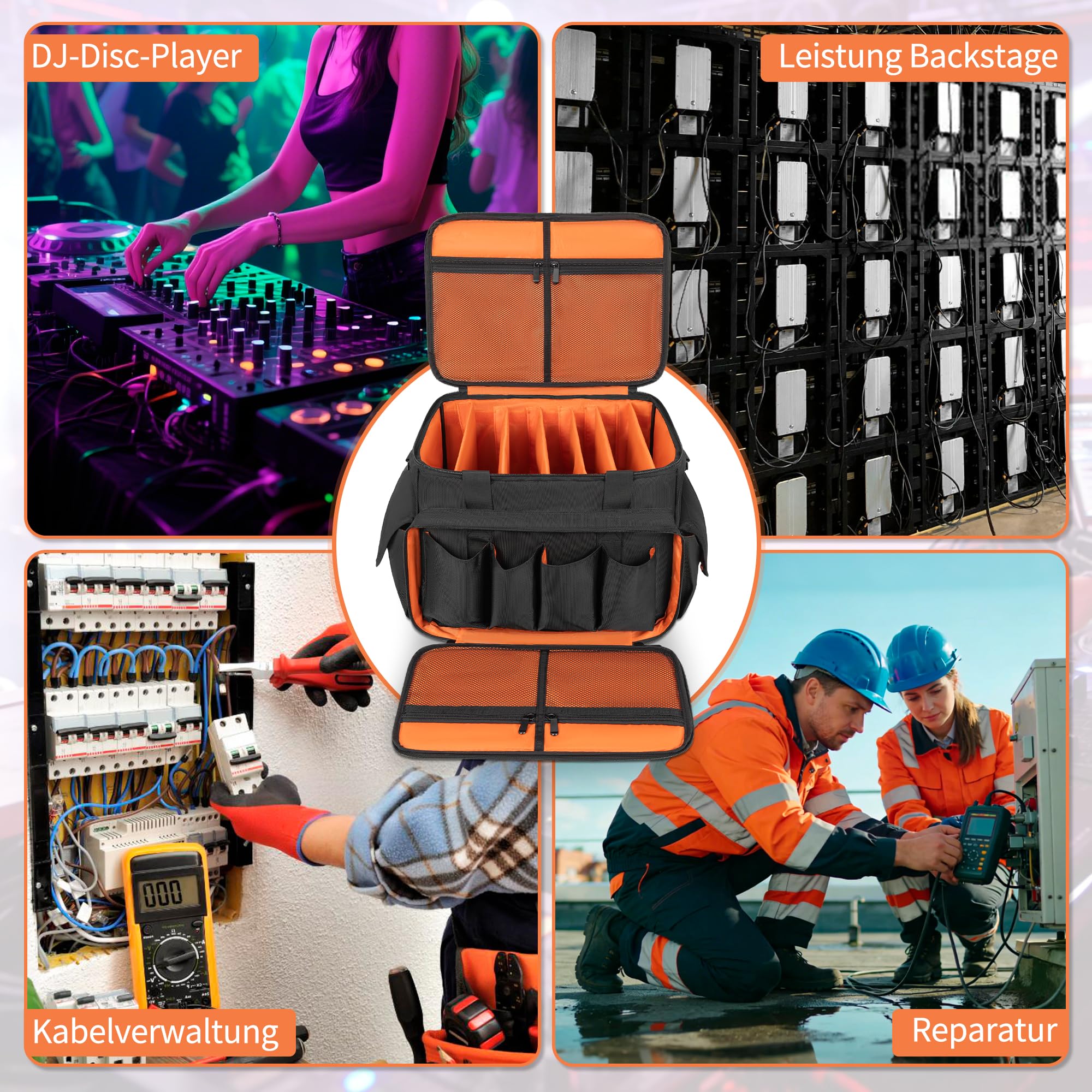 DJ Tasche, 1680D Nylon DJ Gigbag mit Abnehmbaren Trennwänden und Boden, DJ Kabel Organizer Tasche für Professionelle DJ Ausrüstung, Musikinstrumente und Zubehör, Orange (Mittlere)