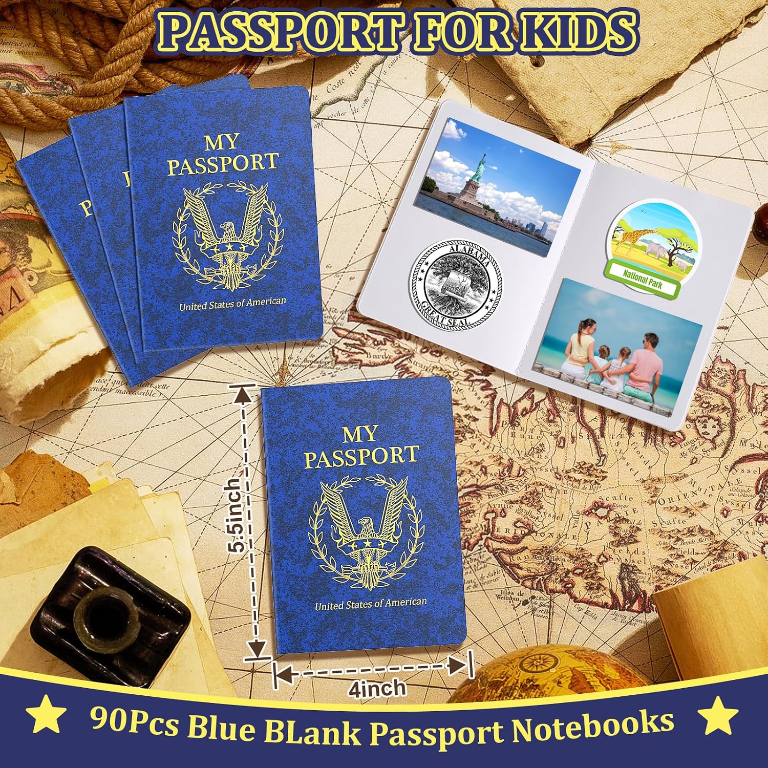 Sureio 174 piezas de libro de pasaporte en blanco para niños con varias calcomanías de diario de viaje, pasaporte falso, recuerdos de fiesta, pase azul, puerto para escuela, tema, viajes, actividades Sureio 174 piezas de libro de pasaporte en blanco para niños con varias calcomanías de diario de viaje, pasaporte falso, recuerdos de fiesta, pase azul, puerto para escuela, tema, viajes, actividades