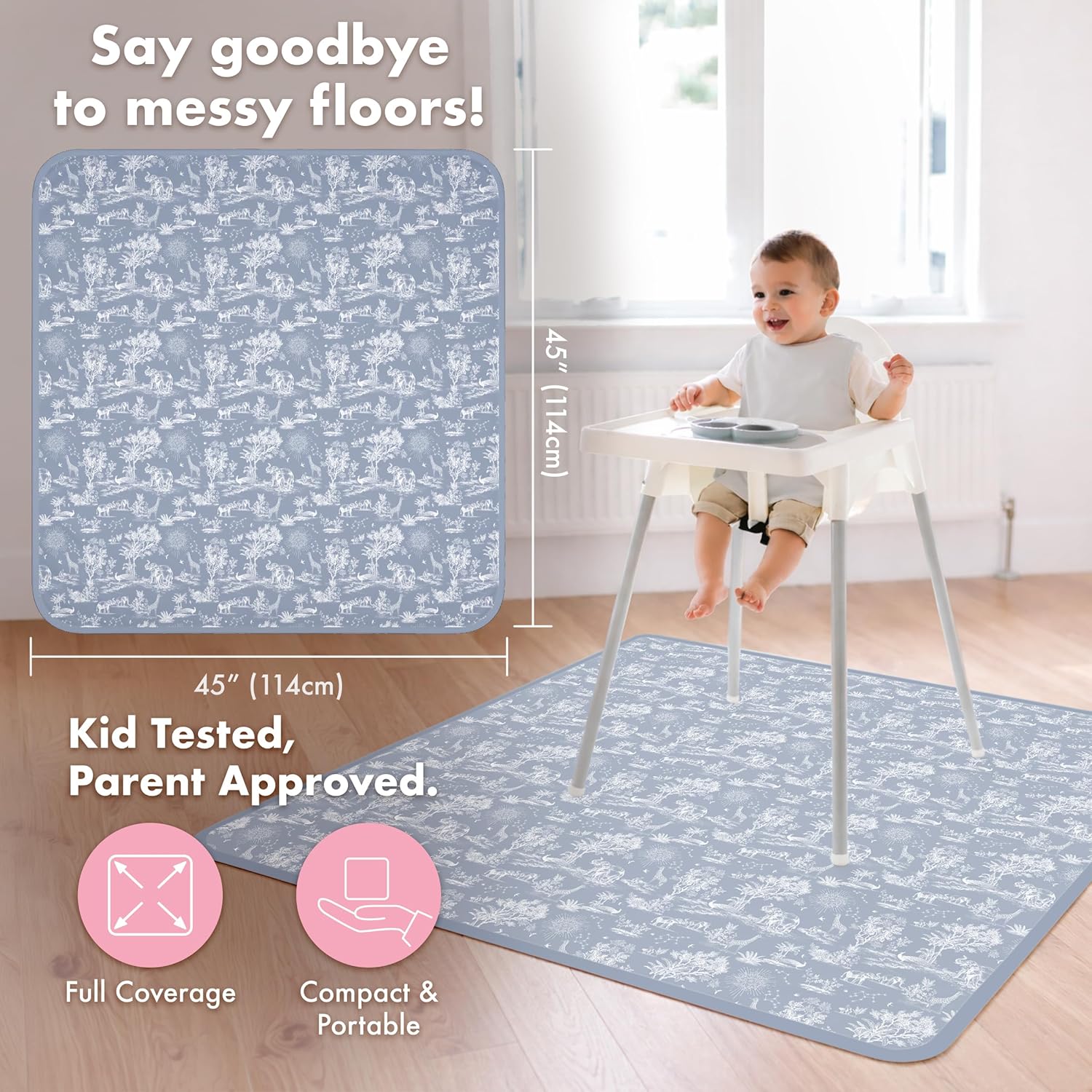 BapronBaby Savanna Blue Splash Mat - Waterproof Catch-All for Under High Chairs, Floors, Tables, Playtime or Arts & Crafts - Machine Washable - 45" x 45”