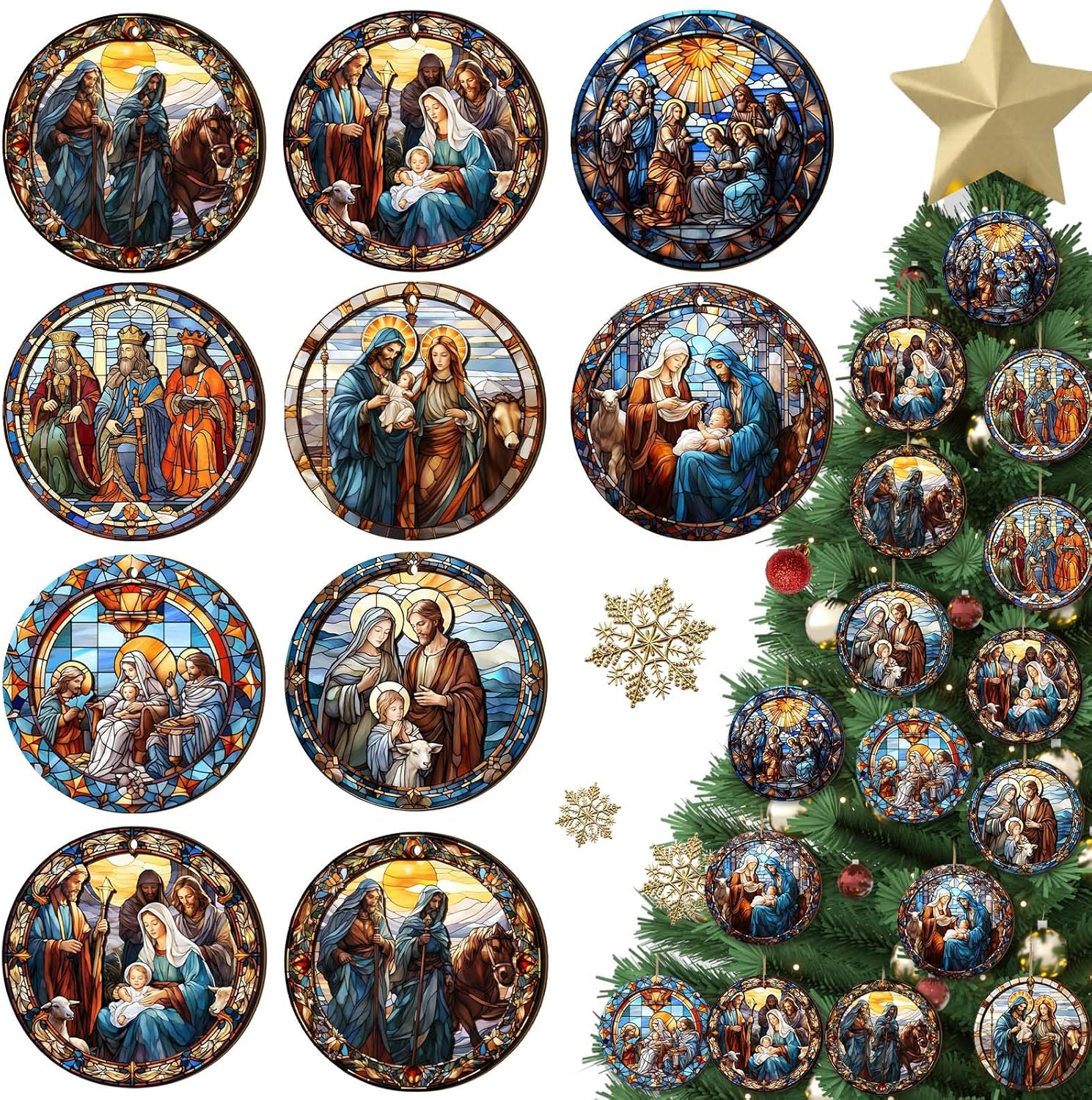 BBTO 16 Pcs Christmas Nativity Scene Ornaments Round Shape Religious Wooden Hanging 3D Ornament The Birth of Jesus Christian Christmas Painting Decorations for Tree Christian Gifts