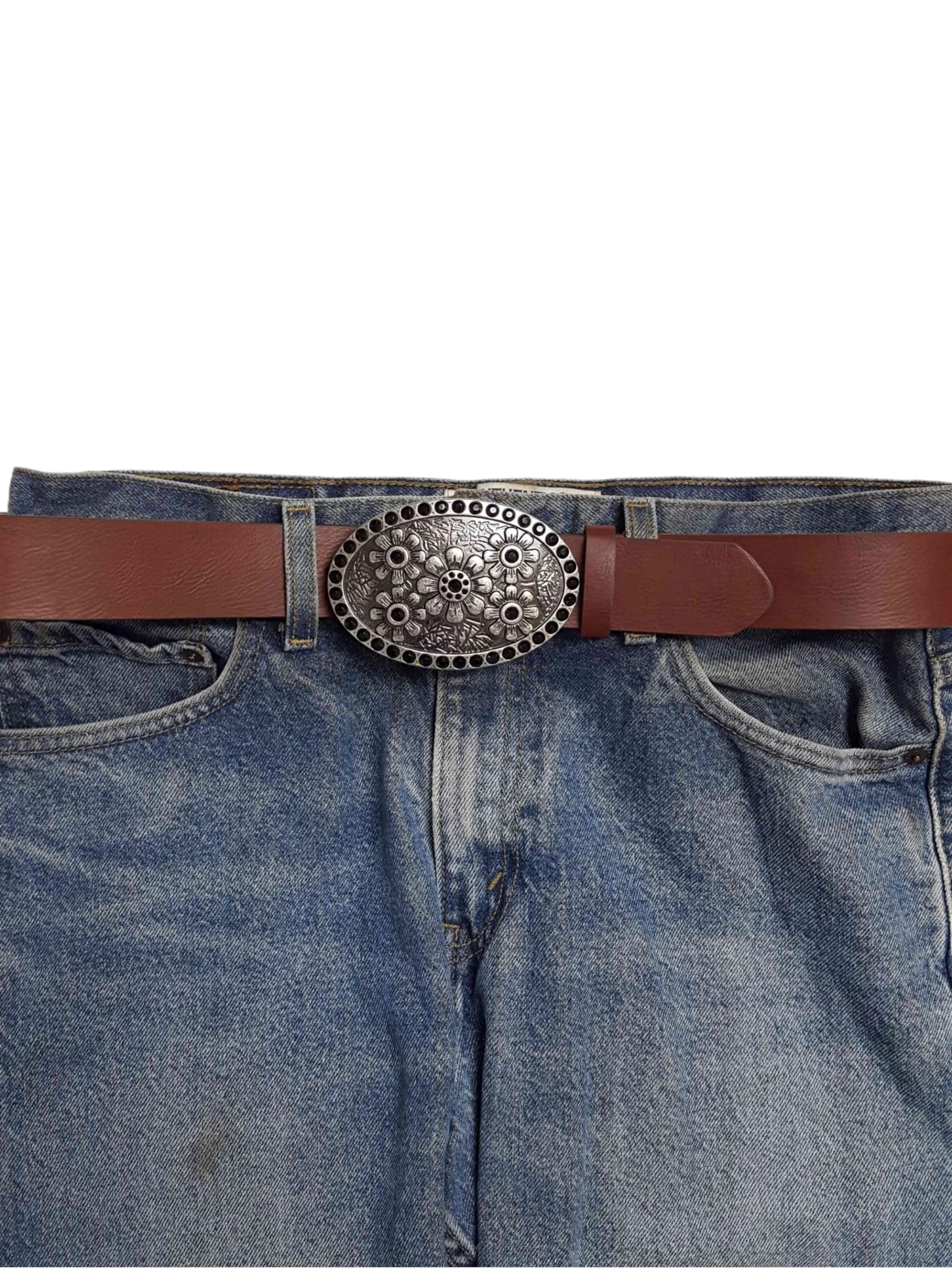 AXESORIA: Oval Crystal Floral Buckle Belt Brown S