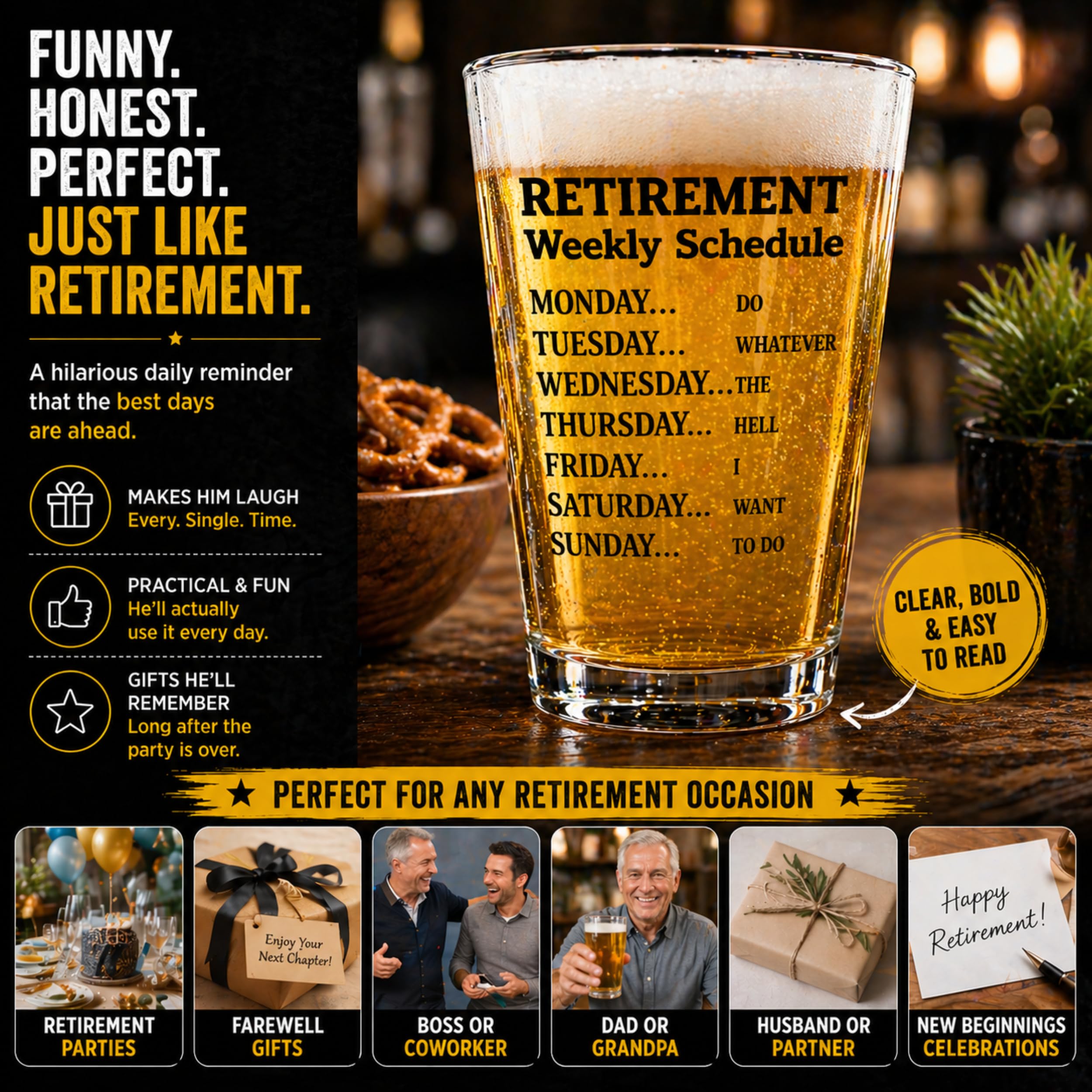 Regalos de jubilación para hombres, vaso de cerveza de calendario semanal de jubilación, divertido vaso de cerveza único regalo de jubilación para papá, abuelo, amigos, familia y compañeros de