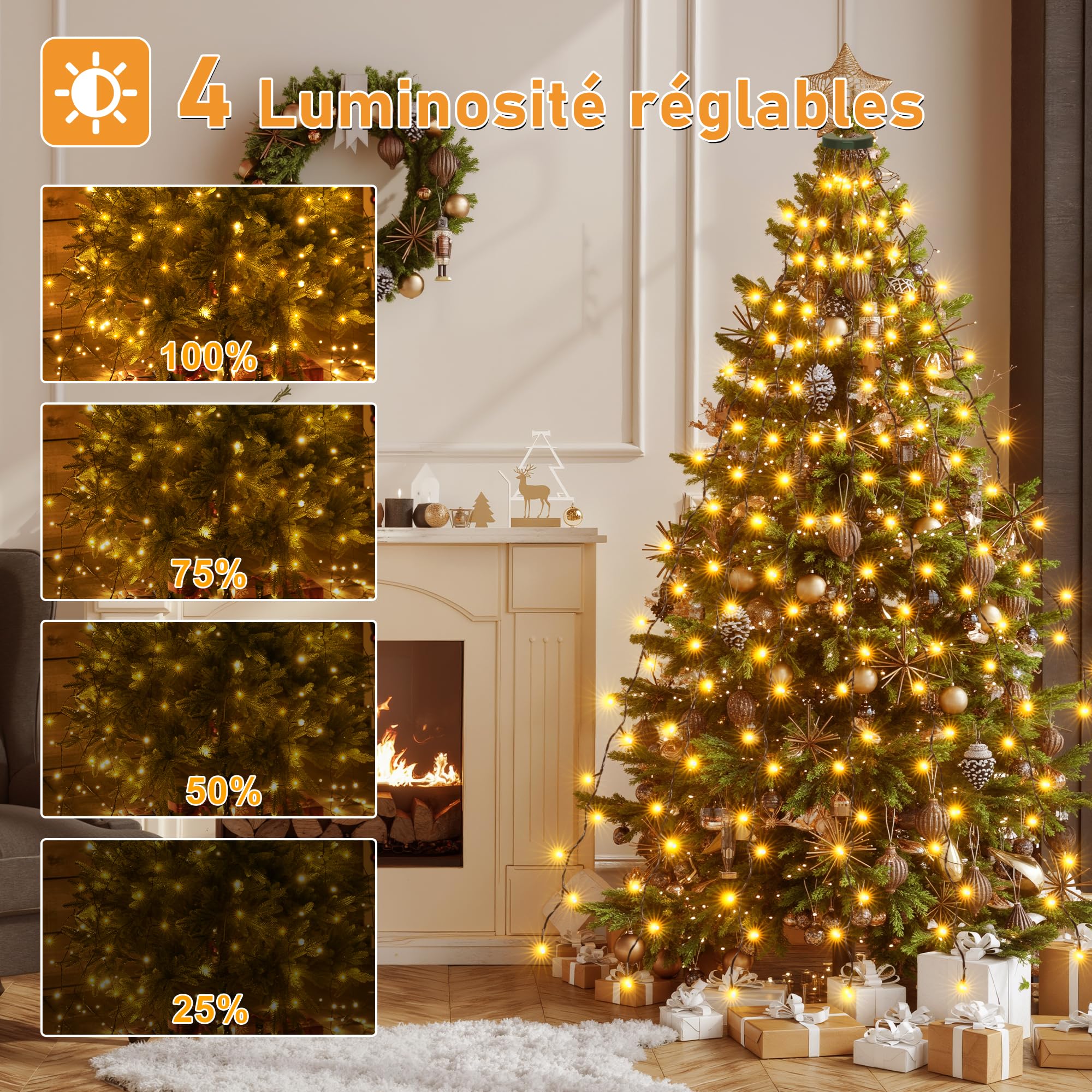 HeiPard Guirlande lumineuse pour sapin de Noël avec anneau, 3m 360 LED, 12 fils, minuterie, 8 modes d'éclairage, étanche, Noël intérieur/extérieur pour sapins de 240cm-350cm, blanc chaud