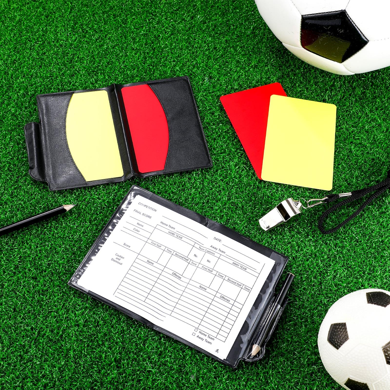 ReliThick 12 juegos de tarjetas de árbitro deportivas con silbato de metal, kit de árbitro, 12 tarjetas rojas y amarillas, cuadernos de árbitro y 12 silbatos de entrenador para fútbol, fútbol,