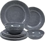 12-Piece Rustic Melamine Dinnerware Set With Dinner Plate, Salad Plate And Large Capacity All Purpose Bowls,Service for 4, Indoor And Outdoor Use, Yellow