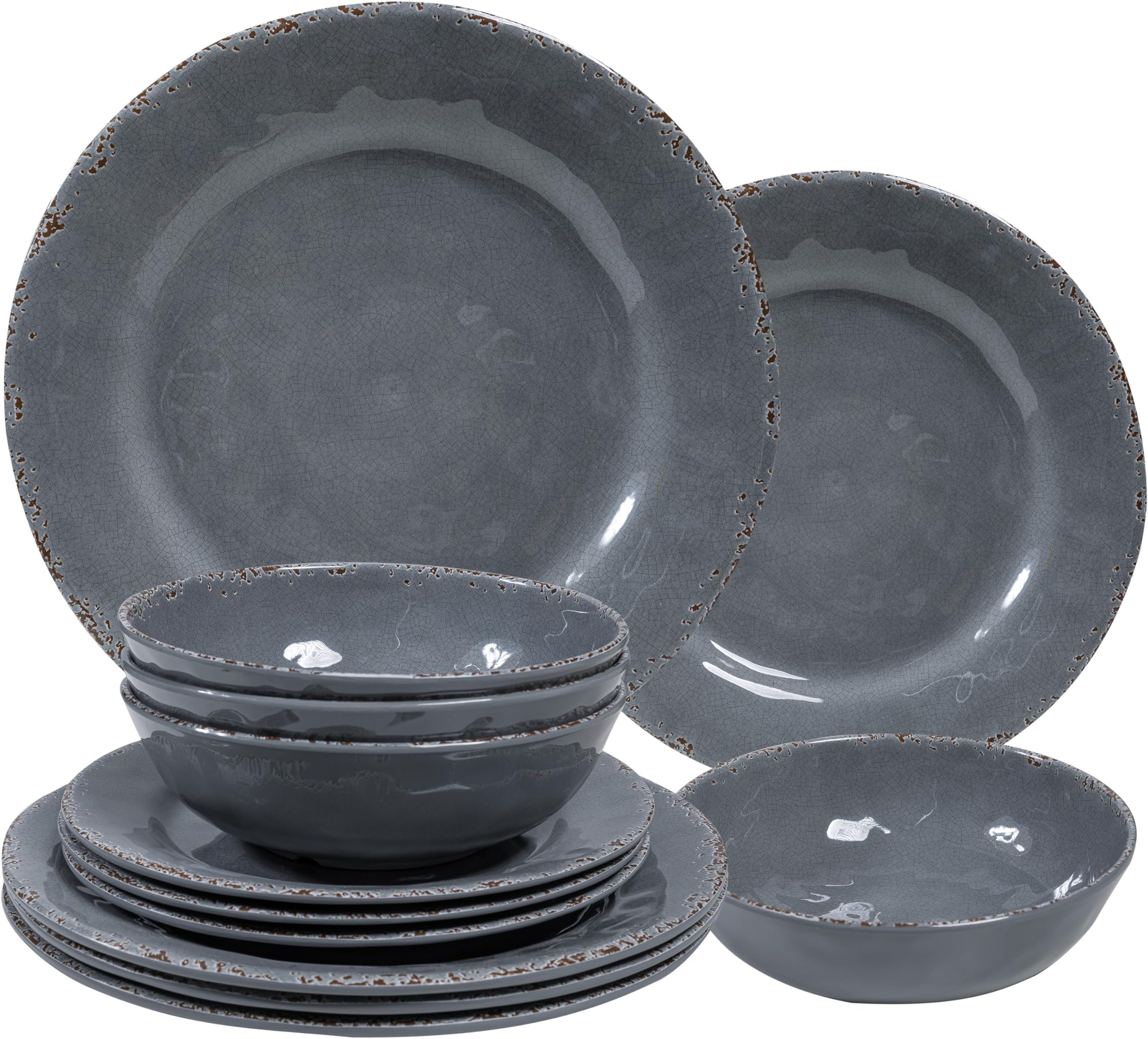 12 Pcs Vintage Melamine Dinnerware Sets, Durable Set Of 4 Plates and Bowls Set, Lightweight Dishes Dinnerware Sets for Indoor and Outdoor Use, BPA Free,Cool Gray