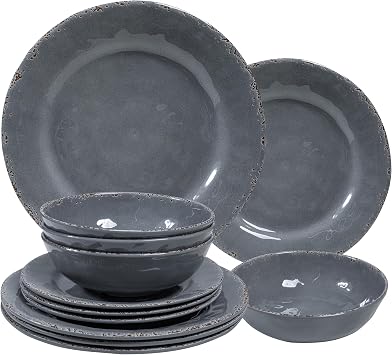 Melamine Dinnerware Set, 12-Piece Heavy Duty Service, 4 Plate and Bowl Set, Lightweight Dinnerware Set, Indoor and Outdoor Use, BPA Free, Cool Grey