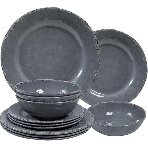 12 Piece Farmhouse Melamine Dinnerware Sets, Service For 4 Rustic Crackled Plates and Bowls Sets, Melamine Dishes Set for Christmas,Wedding, Set of 4 Camping Dishes, Red