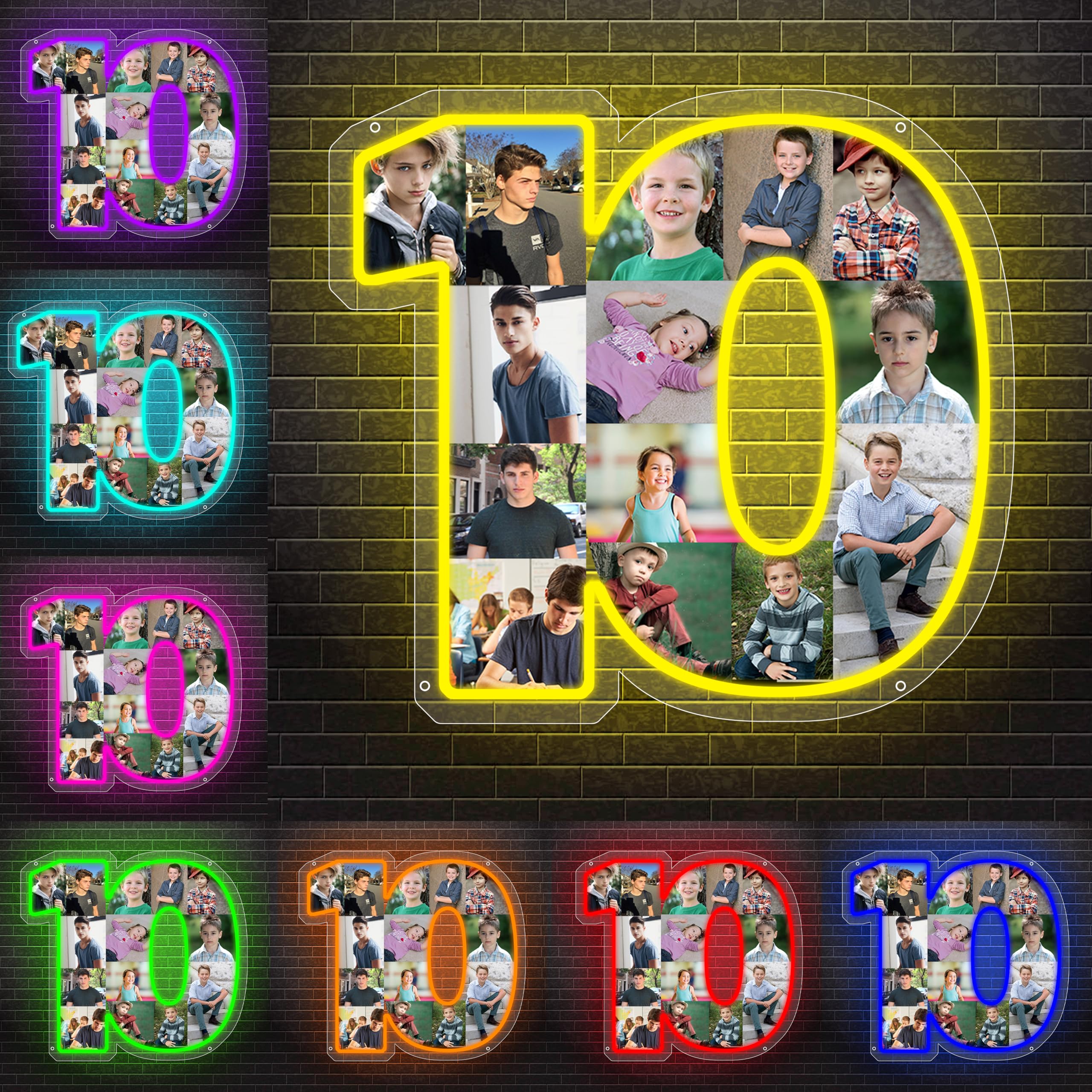 Personalzied Number Photo Collage Neon Sign 10th Birthday Anniversary Wall Photo Night Light 1-20 Picture Collage Lamp Birthday Photo Frame Collage for Family Christmas Holiday Party
