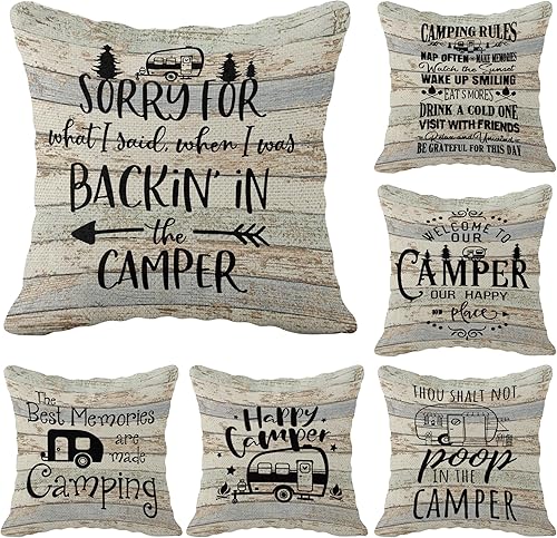 Happy Camper - Juego de 6 fundas de cojín de 18 x 18 pulgadas, decoración de caravana, remolque y campamento