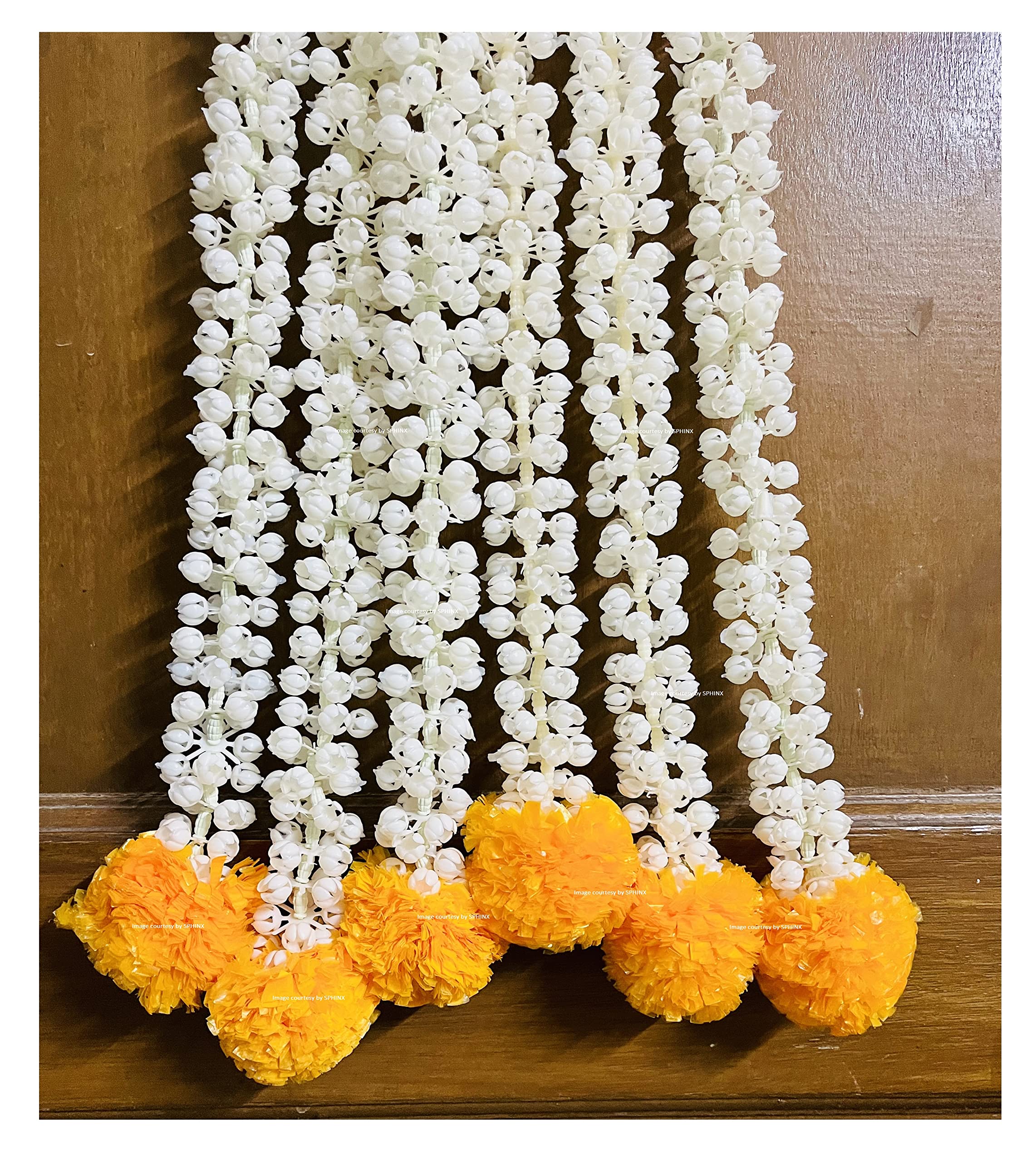 Sphinx artificial jasmine buds (mogra phool) and fluffy marigold garlands/strings/torans for decoration (approx. 2.5 ft/30 Inches height)- (Light Orange, 12)