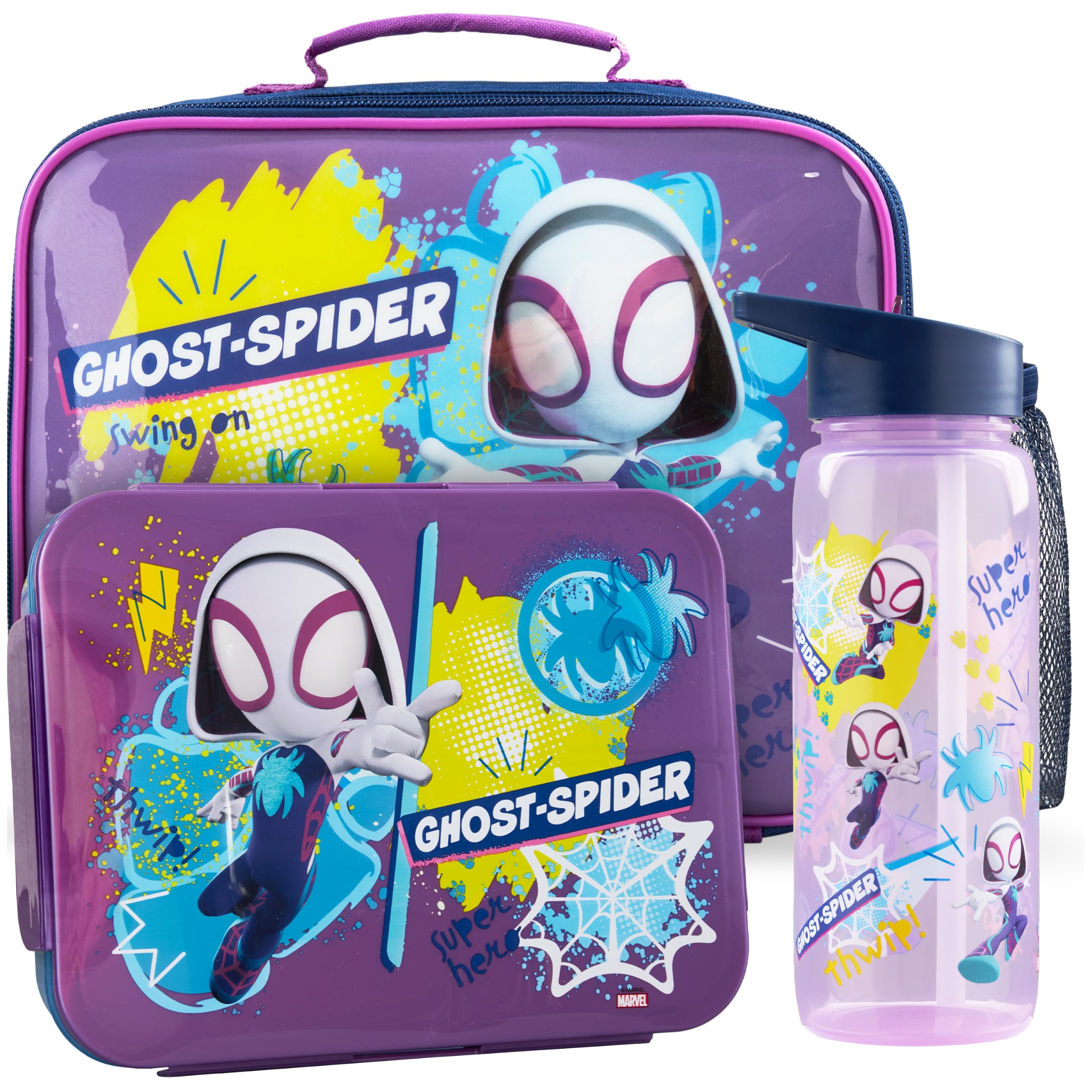 Get Trend Marvel Ghost Spider Kids Insulated Lunch Bag Set, 3Pc Bento Lunch Box, 640ml BPA-Free Water Bottle & Food Carrier for School, Travel, Picnic, Girls Gifts (Purple/Multi Ghost Spider)