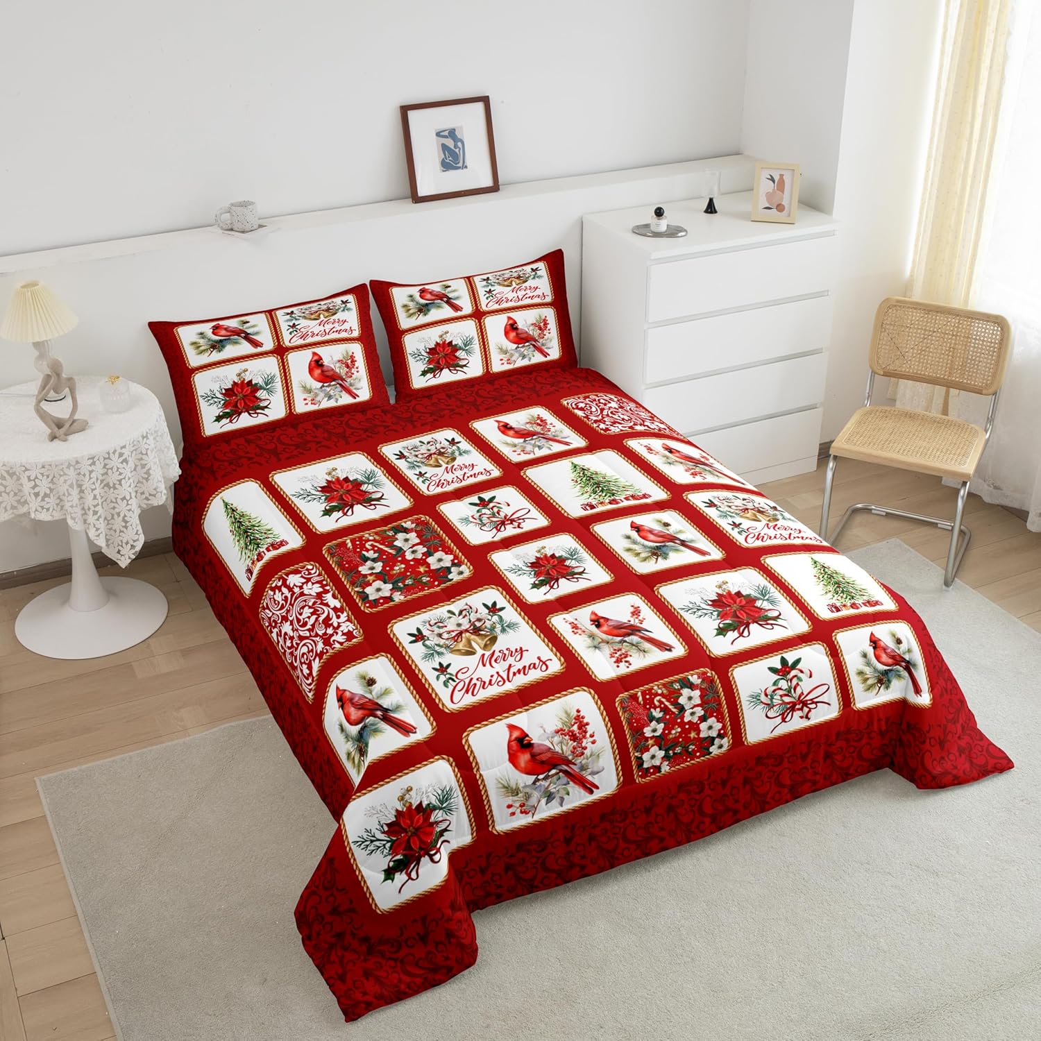 Castle Fairy Merry Christmas Comforter Set King Size,Red Patchwork Xmas Themed Plaid Bedding Set All Season Quilt Set,Cardinals Berries Bells Floral Pine Microfiber Polyester Down Comforter