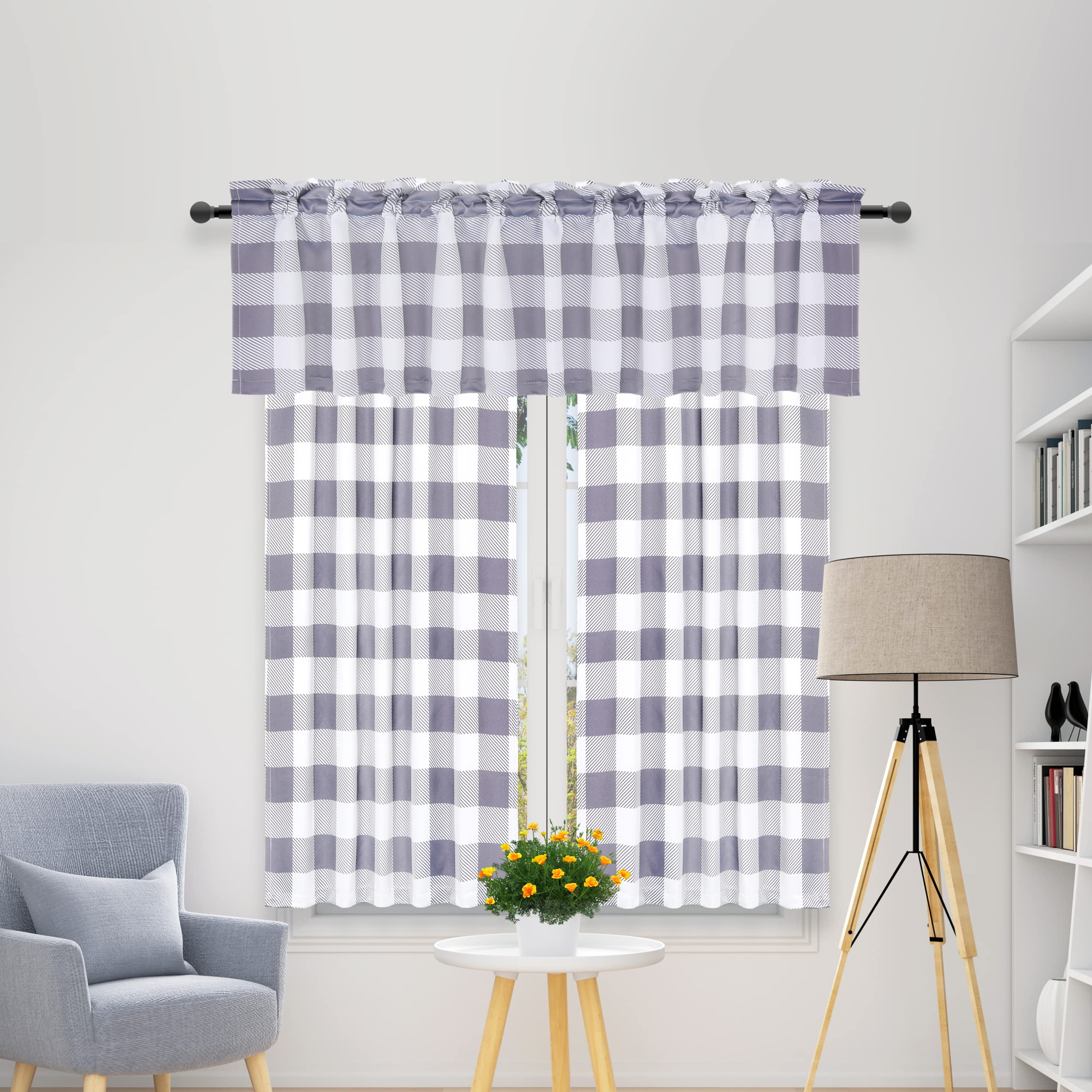 Simple Deluxe 3 Pcs Kitchen Curtains Buffalo Plaid Curtains for Windows Curtains Valance and Tier Set of 3, 52" W x 15" L&26" W x 45" L, White and Gray