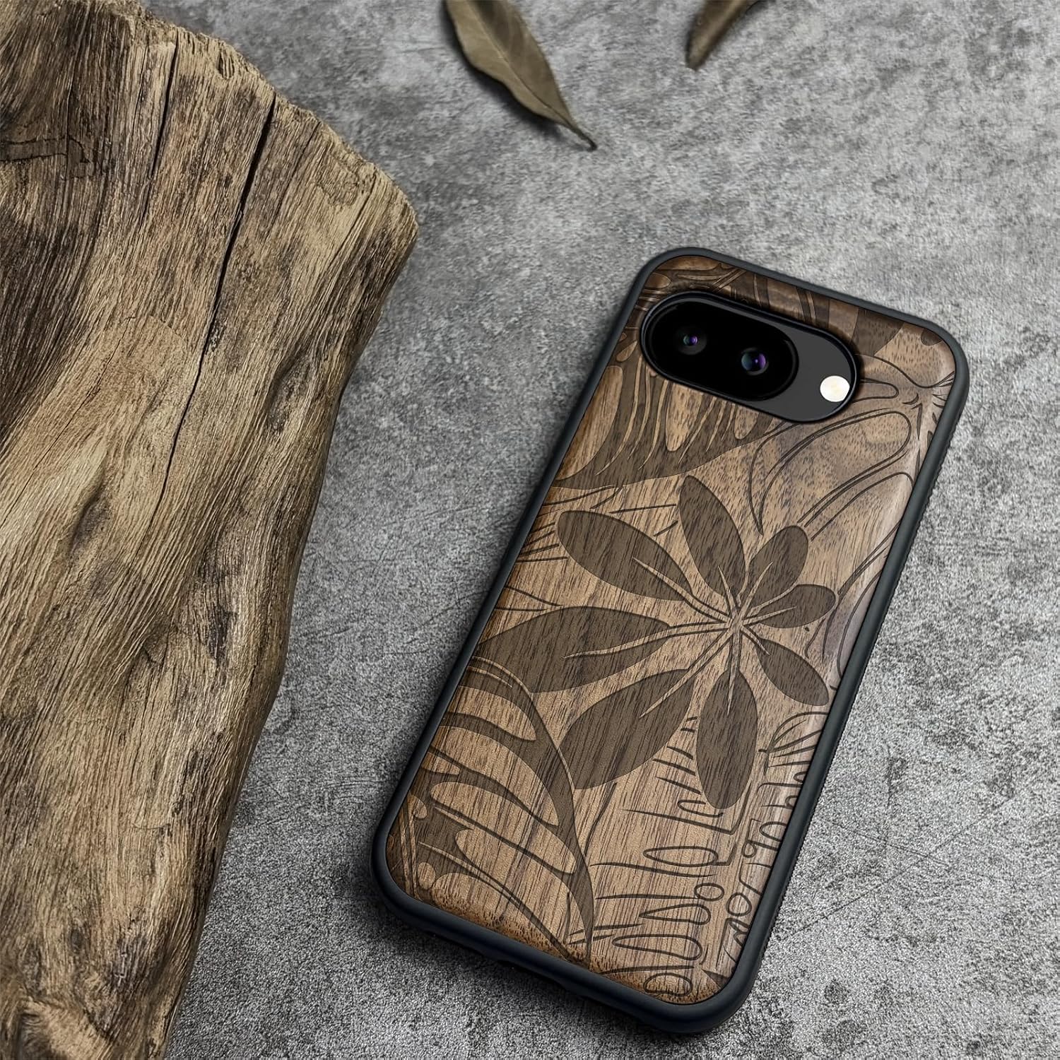 Carveit Magnetic Wooden Case for Google Pixel 10a Case, Wood Artisan Engraved & Soft TPU Shockproof Cover, Compatible with MagSafe Wireless Chargers (A Symphony of Jungle Foliage) Walnut