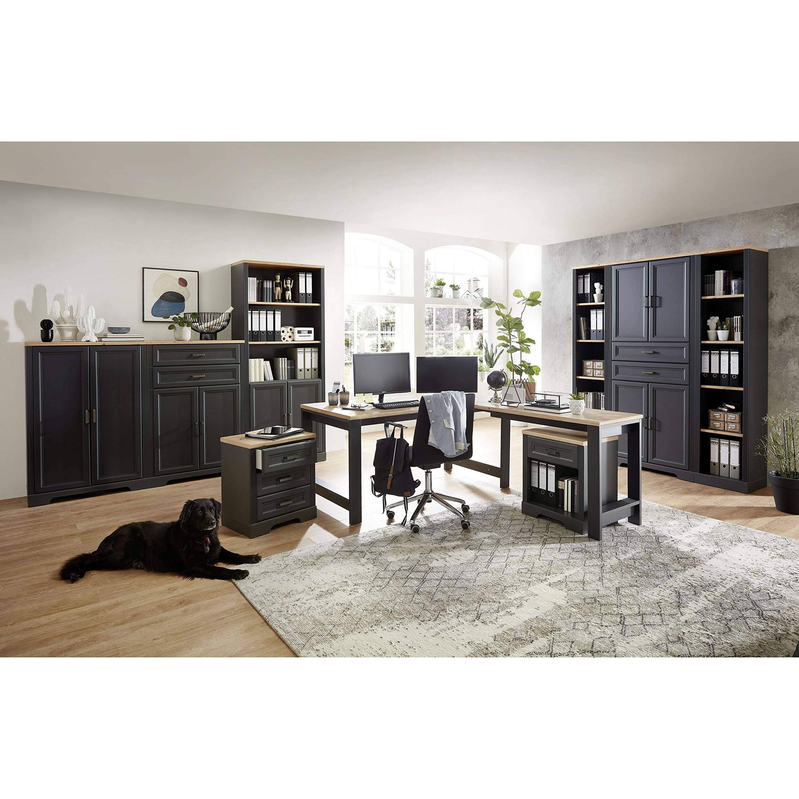 Stella Trading JASMIN Büroschrank in Graphit, Artisan Eiche Optik - Aktenschrank mit Schubladen und Türen - Landhausstil Büromöbel Komplettset - 86 x 204 x 38 cm (B/H/T)