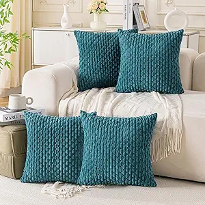 Set of 4 Teal Decorative Throw Pillow Covers 18x18 Inch Corduroy Pillow Covers for Bed Couch Sofa Living Room Soft Square Cushion Cases