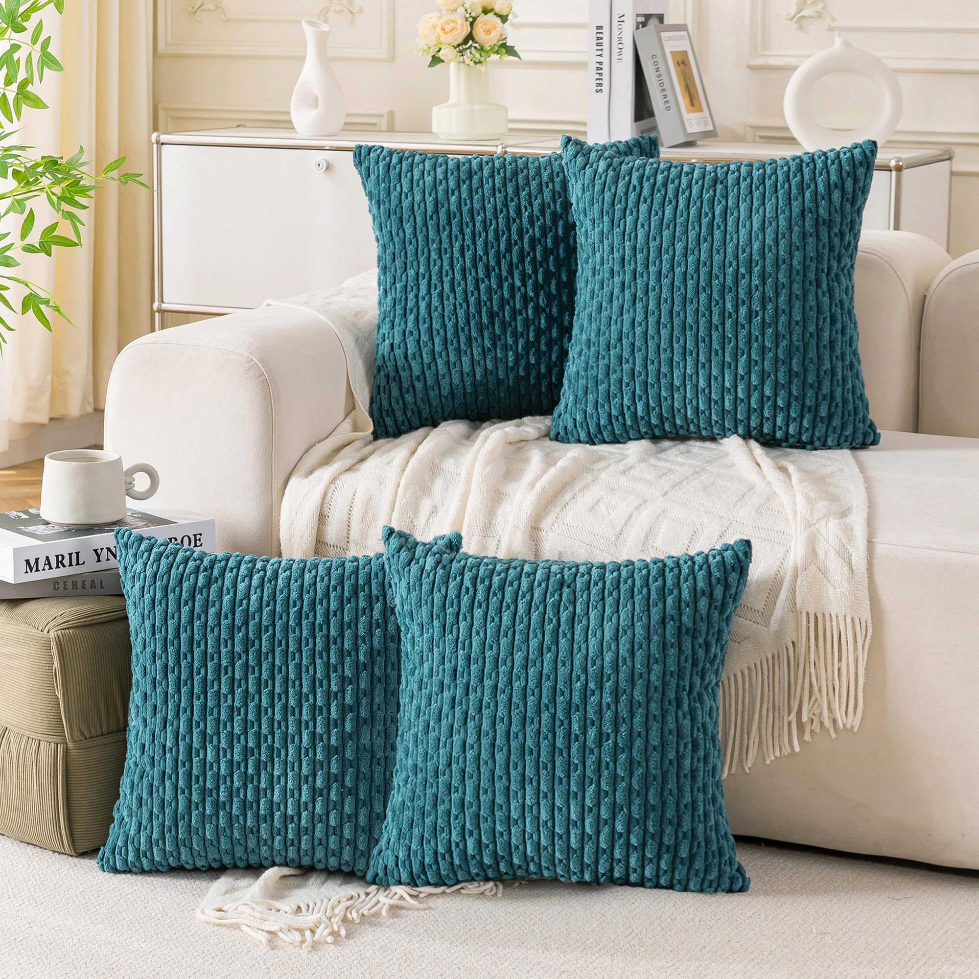 Cozoomy Set of 4 Teal Decorative Throw Pillow Covers 16x16 Inch Corduroy Pillow Covers for Bed Couch Sofa Living Room Soft Square Cushion Cases โ image 1