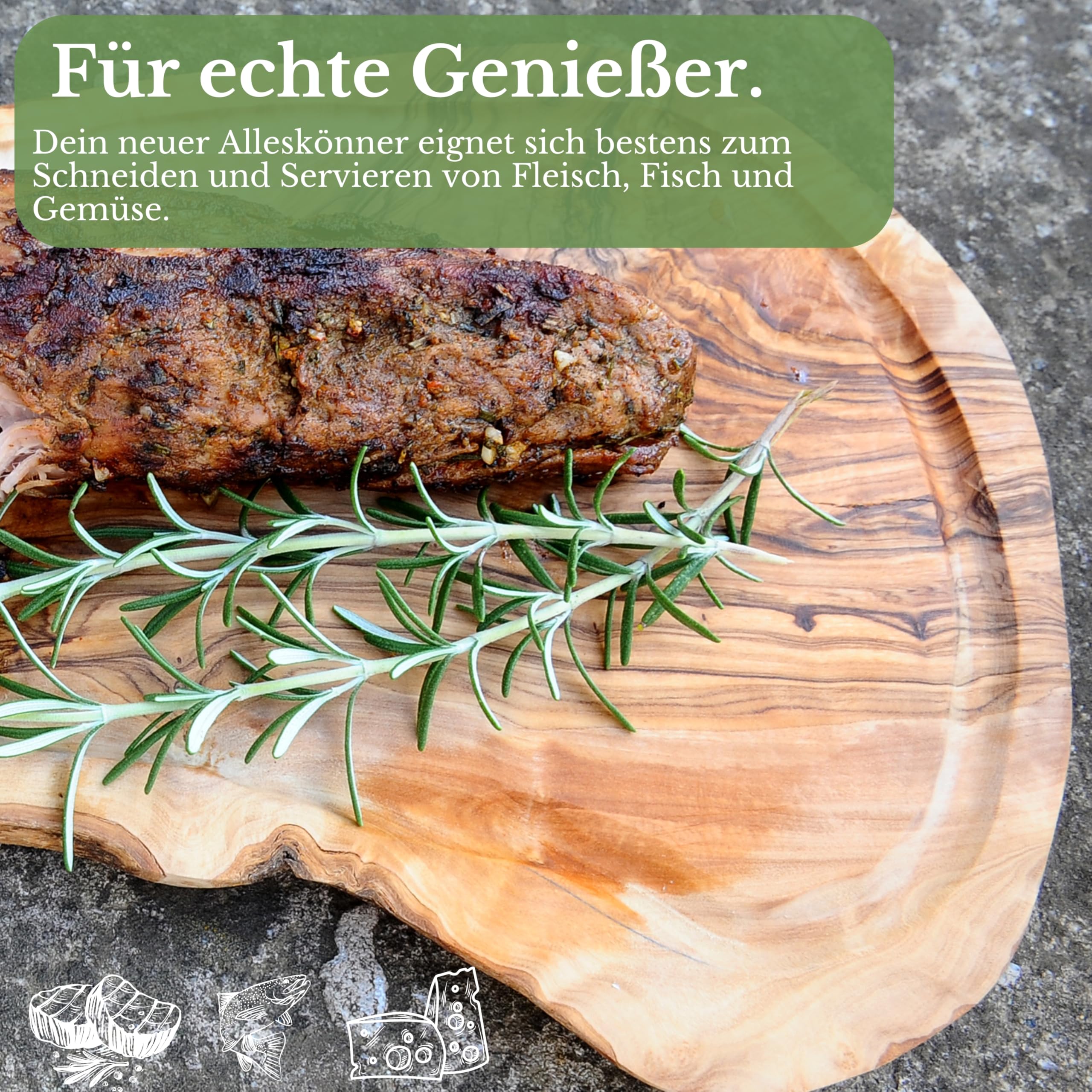 Schneidebrett aus 100% Olivenholz - massives Olivenholzbrett antibakteriell - Steakbrett Holz mit Saftrille - alternative zu Schneidebrett Kunststoff (40-44cm)