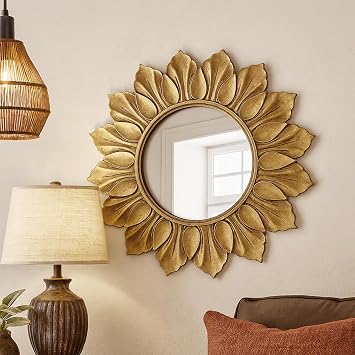 Sunflower Sunburst Wall Mirror, 22" Distressed Gold Wooden Frame, Handcrafted Petal Floral Design, Vintage Farmhouse Style Mirror for Wall Decor for Living Room, Bedroom, Bathroom, Vanity