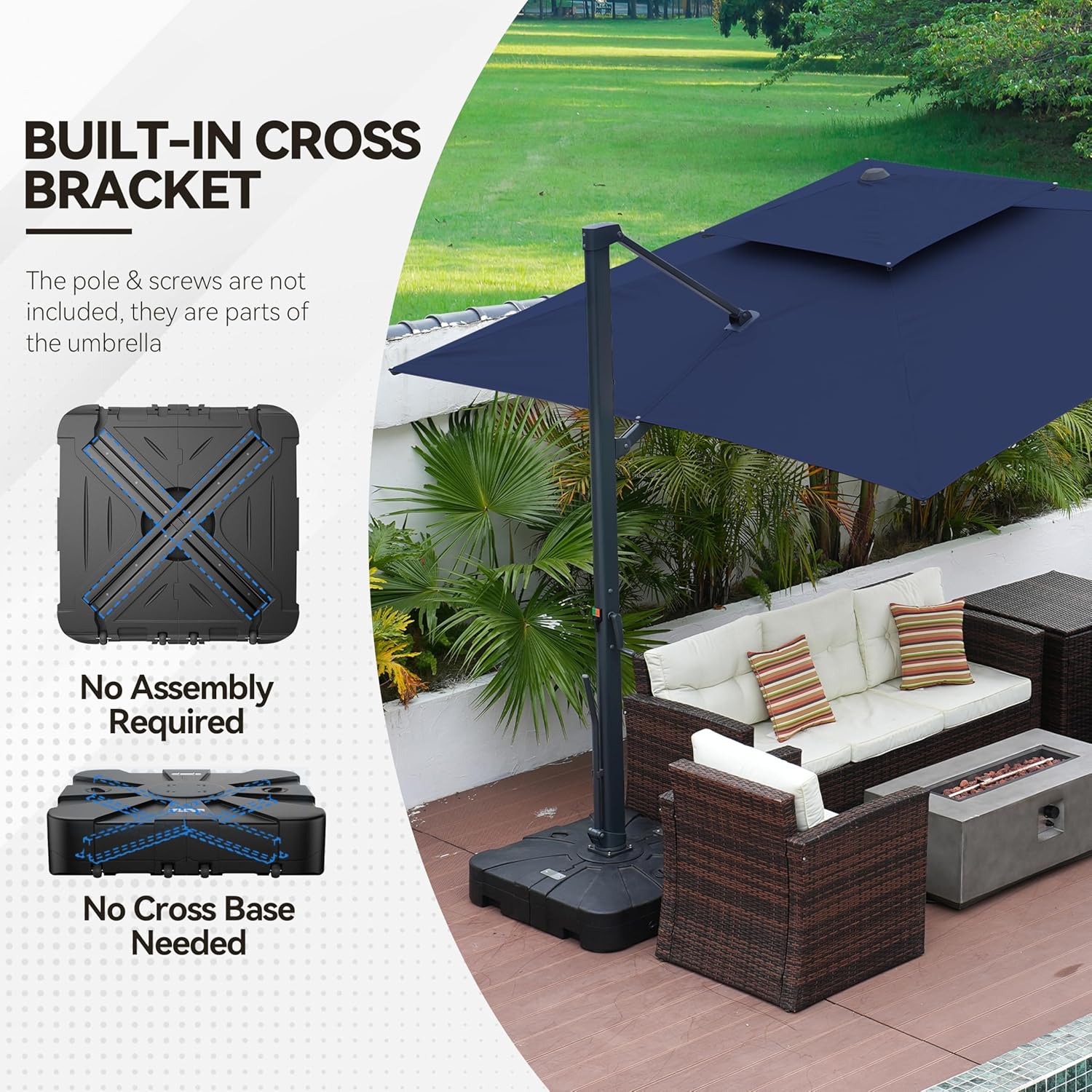 MONDAWE Cantilever Umbrella Base with Wheels 308 lbs Water & Sand Filled Umbrella Weighted Base for Offset Patio Umbrella 33 inch Square Heavy Duty Outdoor Umbrella Base Stand for Rotation Base