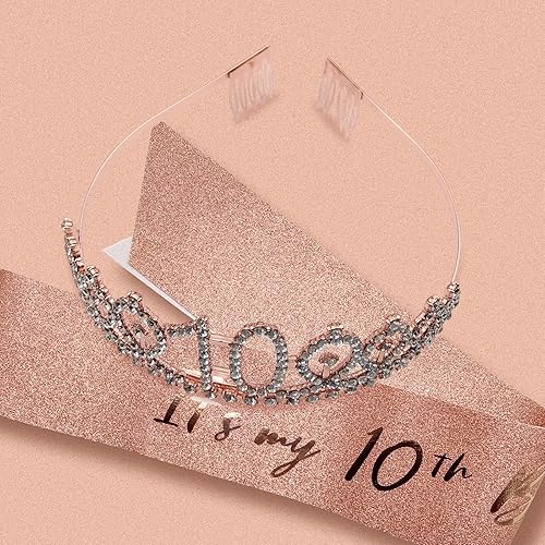 Miniatura 4 de Banda y tiara de cumpleaños número 10, tiara de cumpleaños de 10 y banda de cumpleaños de 10 años para niña, banda de oro rosa, corona de