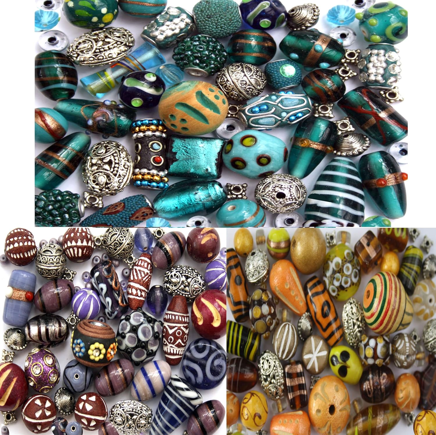 3 x Packs of Handmade Glass Wooden & Tibetan Indian Jewellery Making Beads in Yellow Blue & Purple