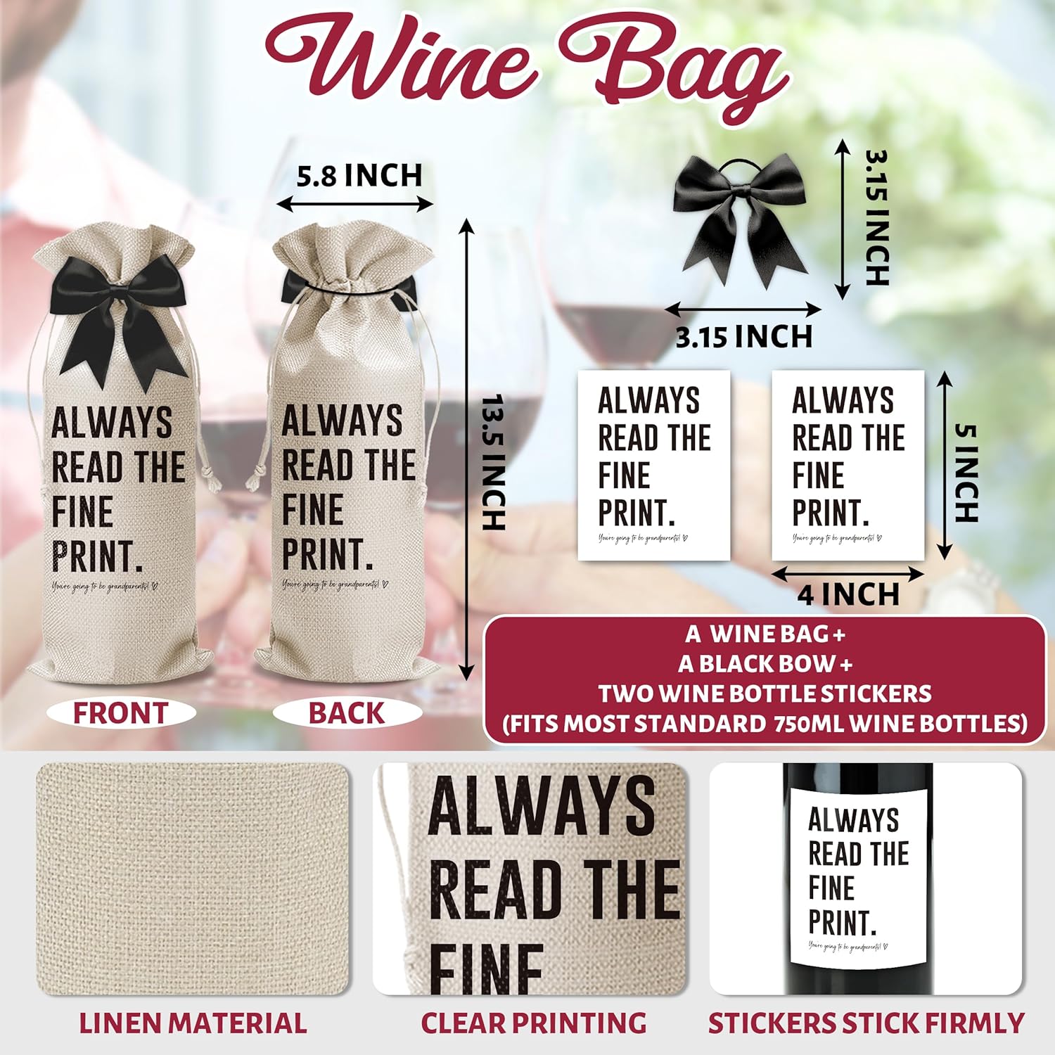 Funny Pregnancy Announcement Wine Bag, Grandparents Baby Announcement Ideas, New Mom Dad Gifts for Pregnancy Reveal, Always Read The Fine Print Wine Bottle Gift Bags with Black Bow-B07 - Image 2
