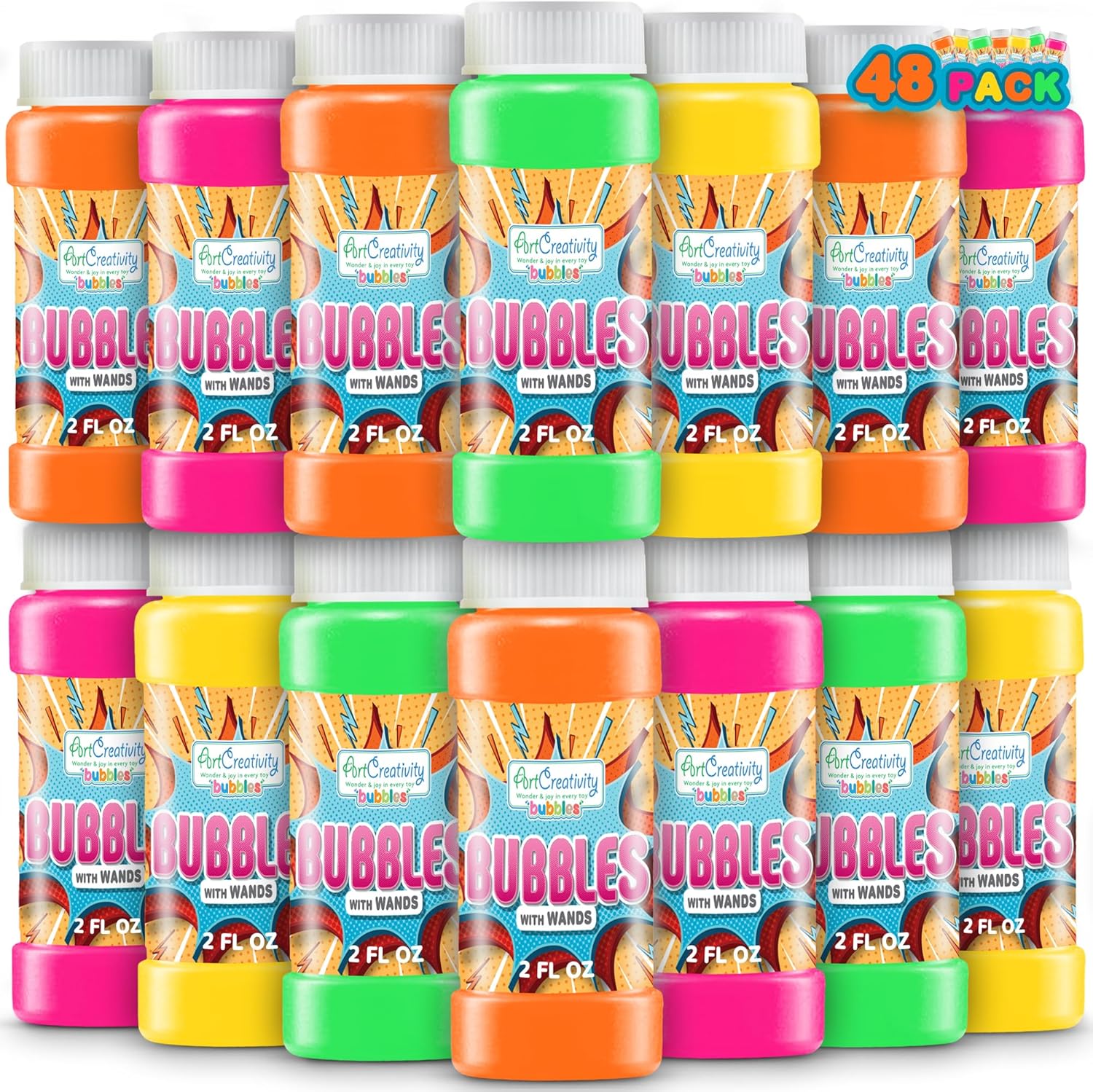 ArtCreativity 48 Pack Bubble Bottles with Wand - Bubbles for Kids Bulk Party Favors, Outdoor Summer Toys, Birthday Goodie Bag Fillers, Bulk Bubbles for Kids in Assorted Colors
