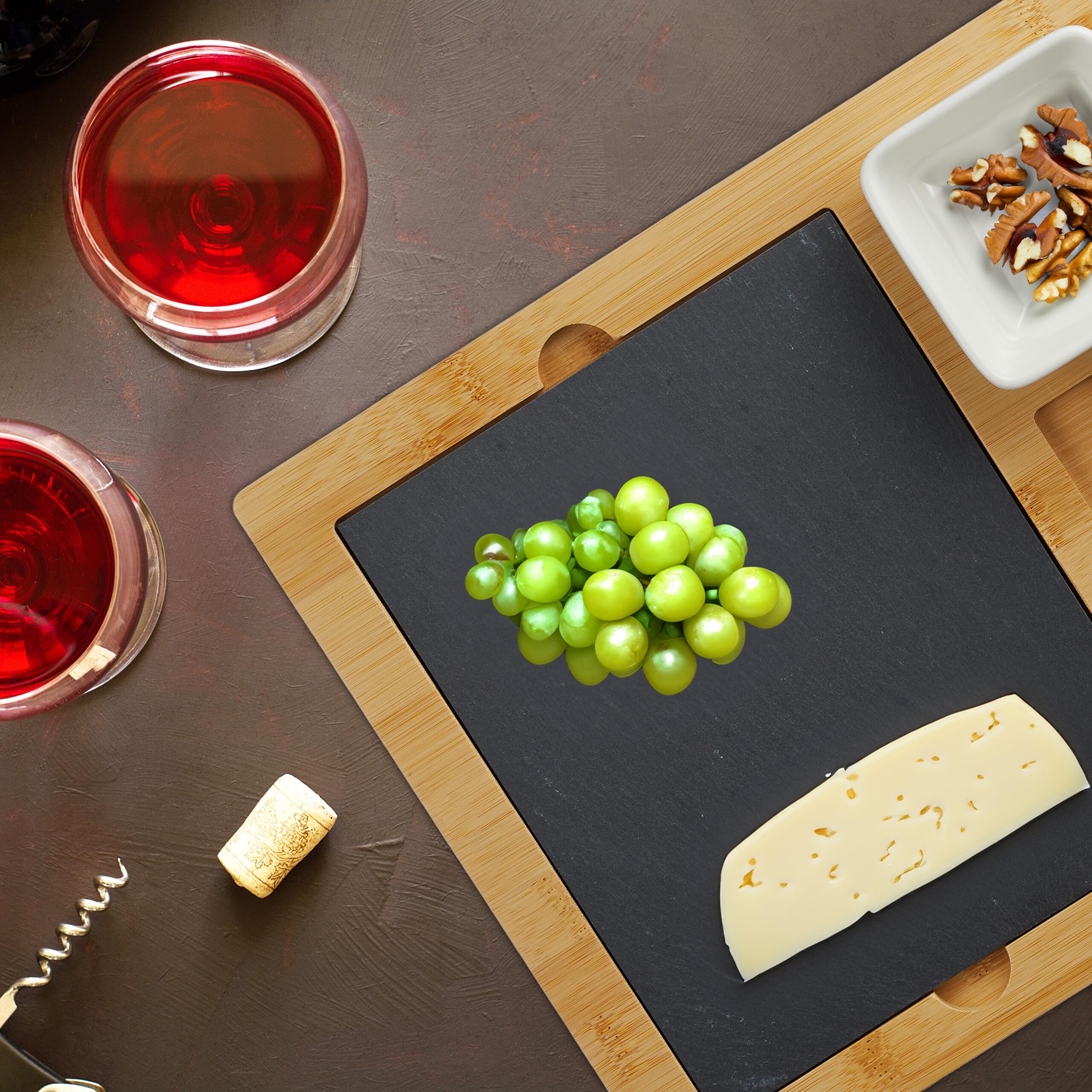 Relaxdays Set da Tavola, Vassoio in bambù e 3 Posate Formaggio, Piatto Rettangolare Tagliere per Aperitivo, Marrone Nero
