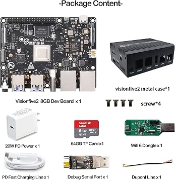 VisionFive2 Open Source RISC-V Linux Single Board Computer, StarFive JH7110 64-bit Quad-core CPU, IMG BXE-4-32 GPU LPDDR4 8GB RAM, Dual Gigabit Network, Support Linux Debian (with WiFi 6 Dongle)