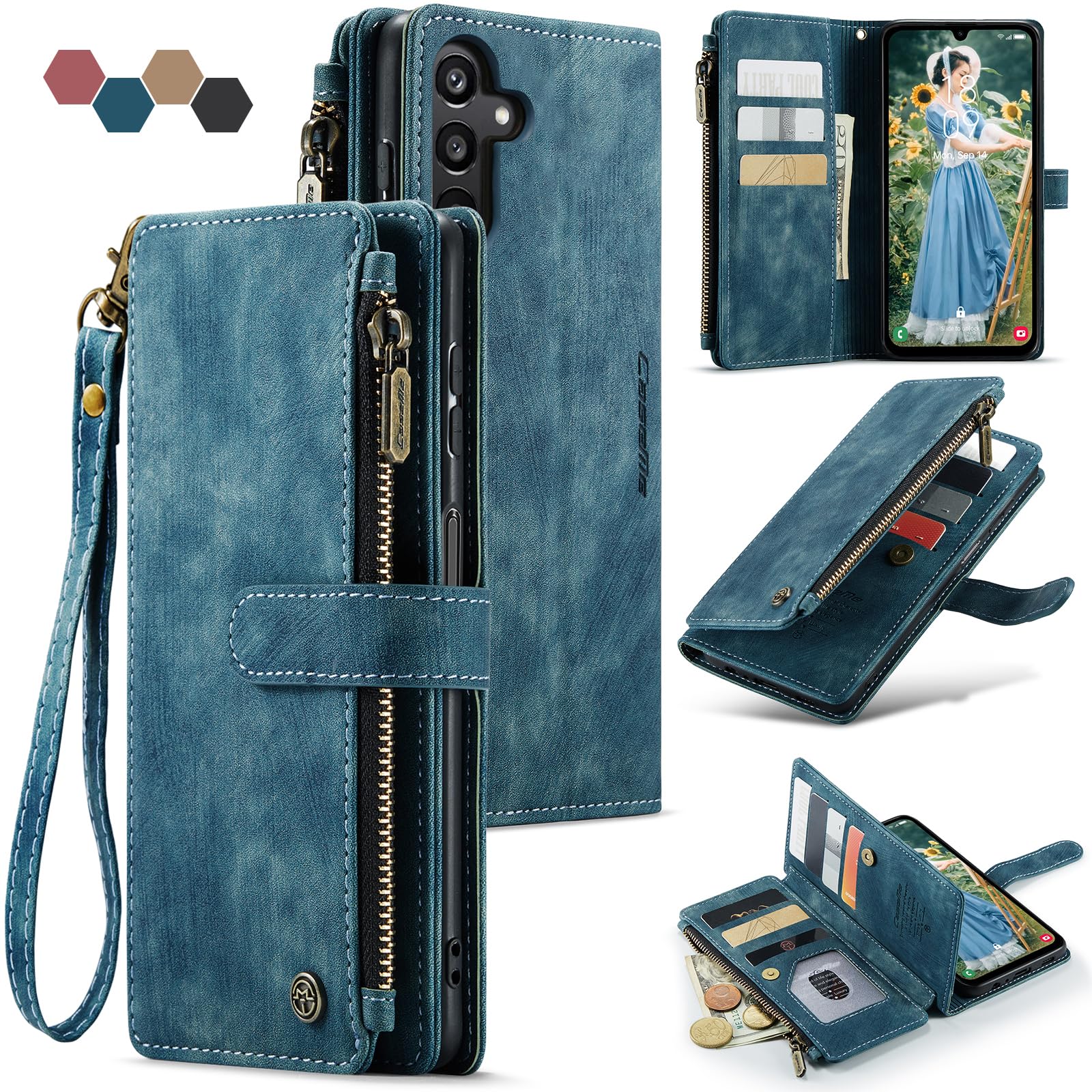 Samsung Galaxy A15 5G Wallet Case with Card Holder Kickstand Magnetic Zipper Pocket Lanyard Strap Wristlet,Leather Flip Case Wallet for Samsung Galaxy A15 5G 6.5 Inch (Blue)