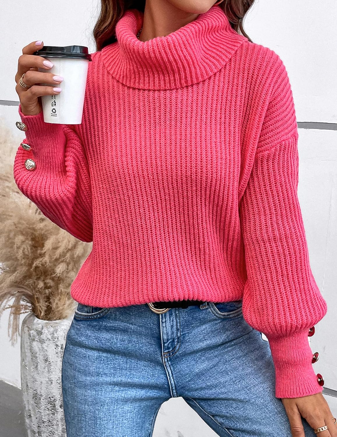 Womens Oversized Turtleneck Sweaters Spring 2026 Lightweight Thin Ribbed Knit Button Cropped Pullover Top - Image 8
