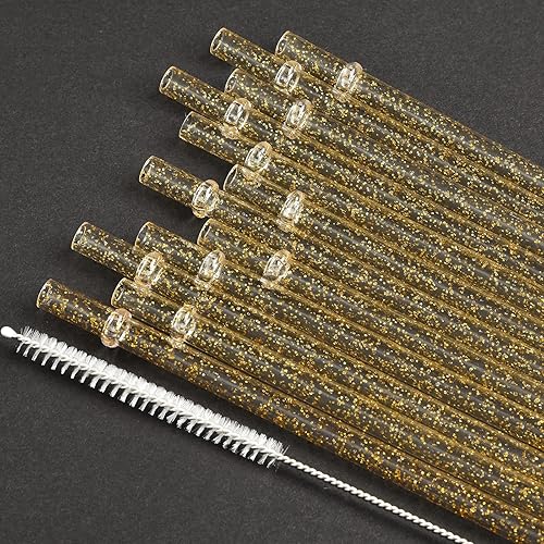 Miniatura 1 de ALINK 12 popotes reutilizables con purpurina dorada transparente, vaso de plástico duro de 11 pulgadas de largo con cepillo de limpieza