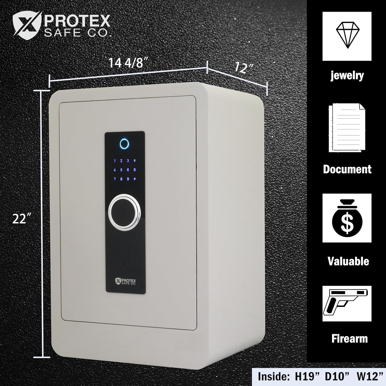 ProtexSafe Fireproof Steel Home Safe with Biometric, Digital Keypad, Key Lock, 1.32 Cubic Feet, 11.8 x 14.5 x 21.8 Inches, SK-60, Light Gray