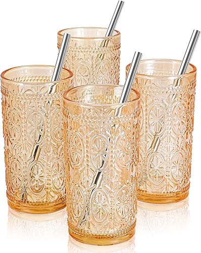 Juego de 4 vasos de bebida vintage, vasos altos de 13.7 onzas, cristalería vintage, vasos de ámbar para fiestas, bodas, hogar, oficina y regalo, con