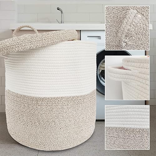 Miniatura 6 de Cesta de almacenamiento grande con tapa de 60 L, 16 pulgadas de ancho x 18 pulgadas de alto, cesta tejida para ropa sucia con asa, decoración de