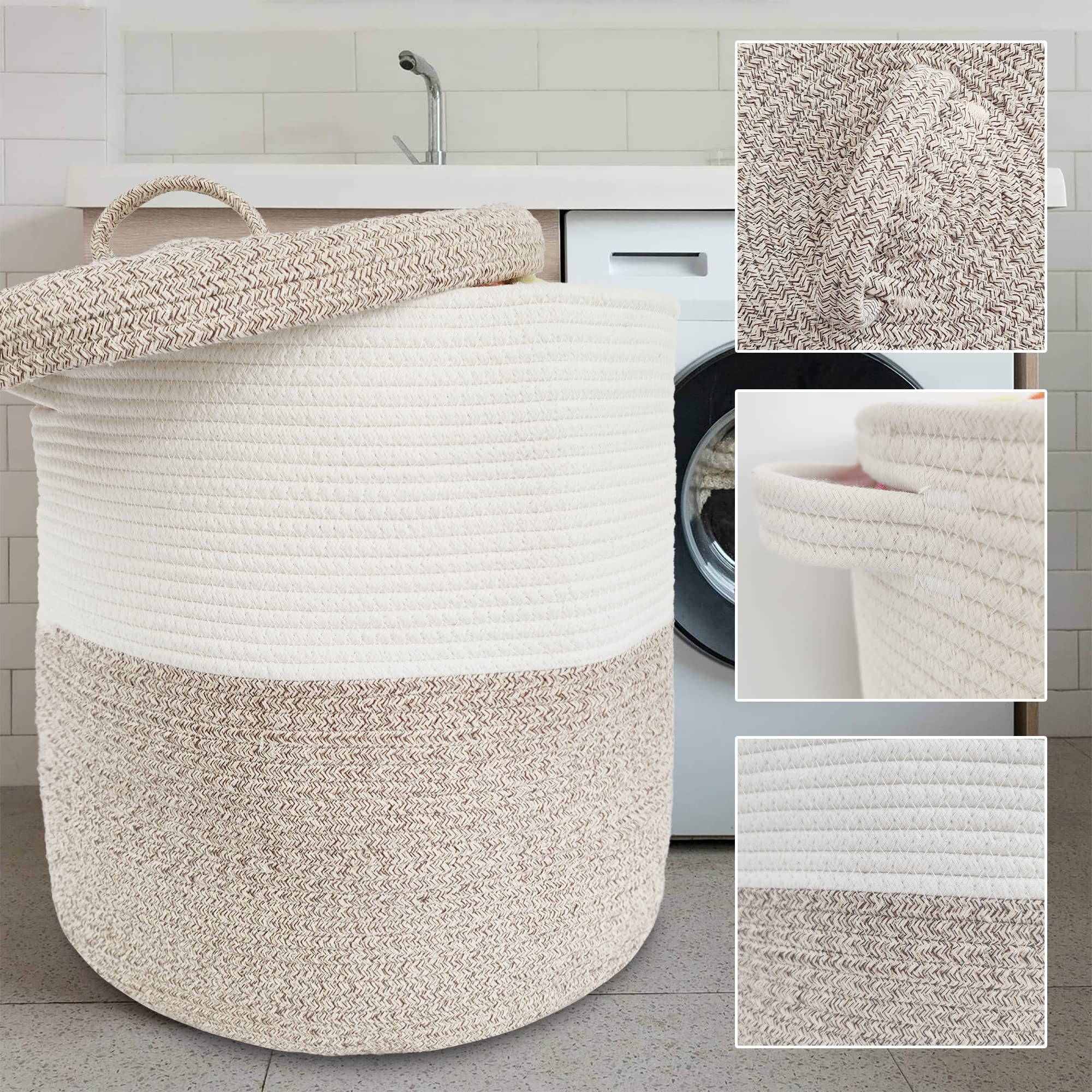 Grande cesto portaoggetti con coperchio, 60 l, 40,6 cm x 45,7 cm (larghezza x altezza), cesto portabiancheria in tessuto con manico, decorazione per la stanza, cestino in corda di cotone, organizer