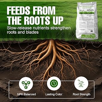 Slow Release Lawn Fertilizer 25-5-10 NPK - 65% Granular Nitrogen Formula for Deep Feeding up to 110 Days - 10kg (22lbs) Bag - Kid & Pet Safe Lawn Care for Lush Green Grass
