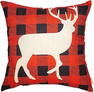 Fjfz Rustic Christmas Décor Winter Deer Scottish Buffalo Checkers Plaid Reindeer Farmhouse Decoration Gift Cotton Linen Ho...