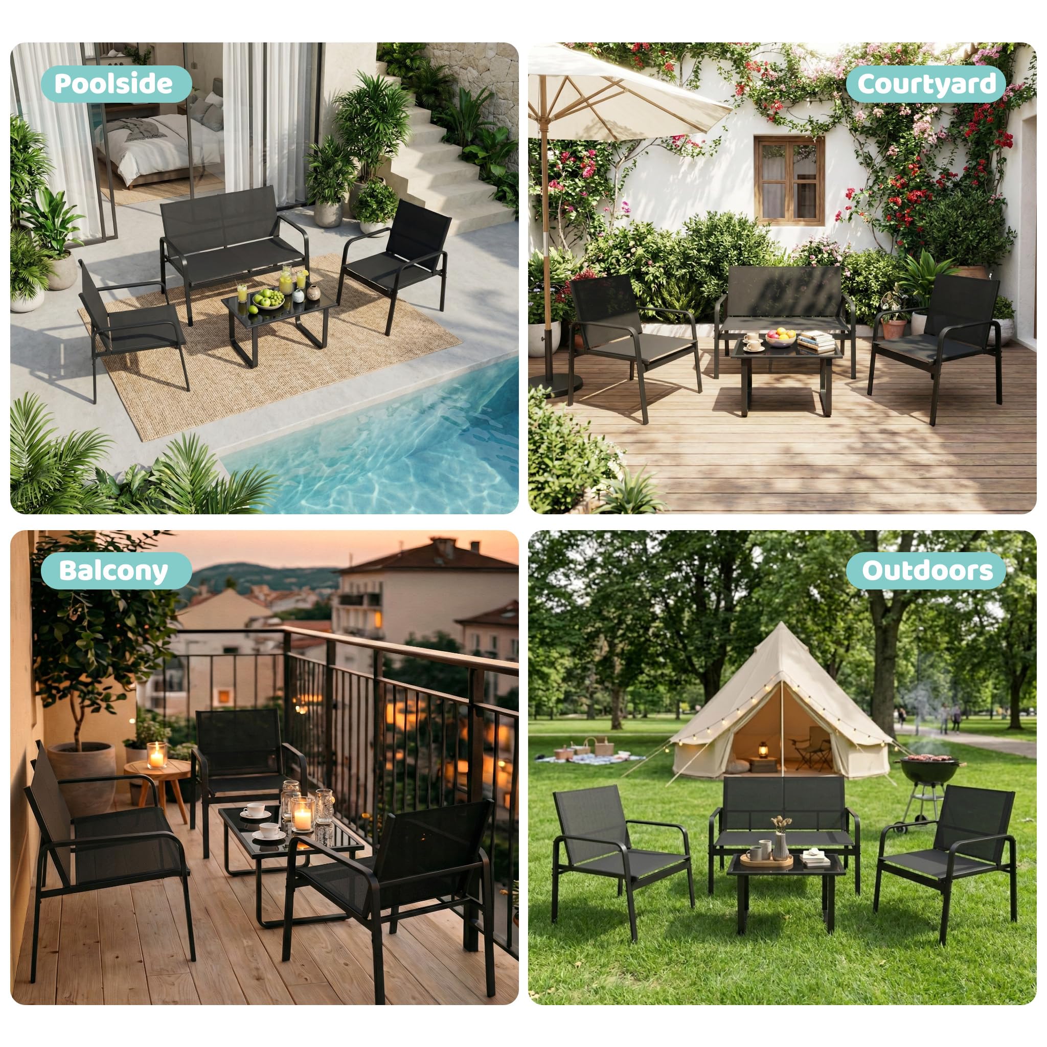 Mondeer Gartenmöbel Set mit Armlehnen 4-TLG für Garten Balkon Außen | Terrassenmöbel Außen mit Tisch Sofa und 2 Stühlen, Balkonmöbel Set mit Textilene, Schwarz