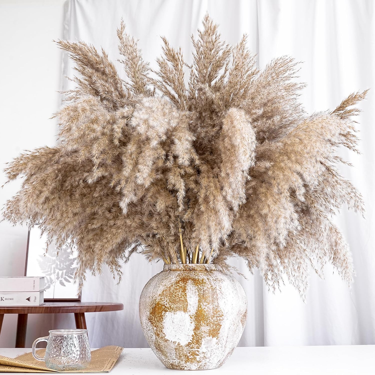30-inch Tall Nature Pampas Grass Bouquet Decor - Boho Flowers and Feathers for Centerpieces, Perfect for Tall Floor Vase Fillers, Home Decor, Living Room, and Wedding Decor (20Pcs) 20-Tall Nature