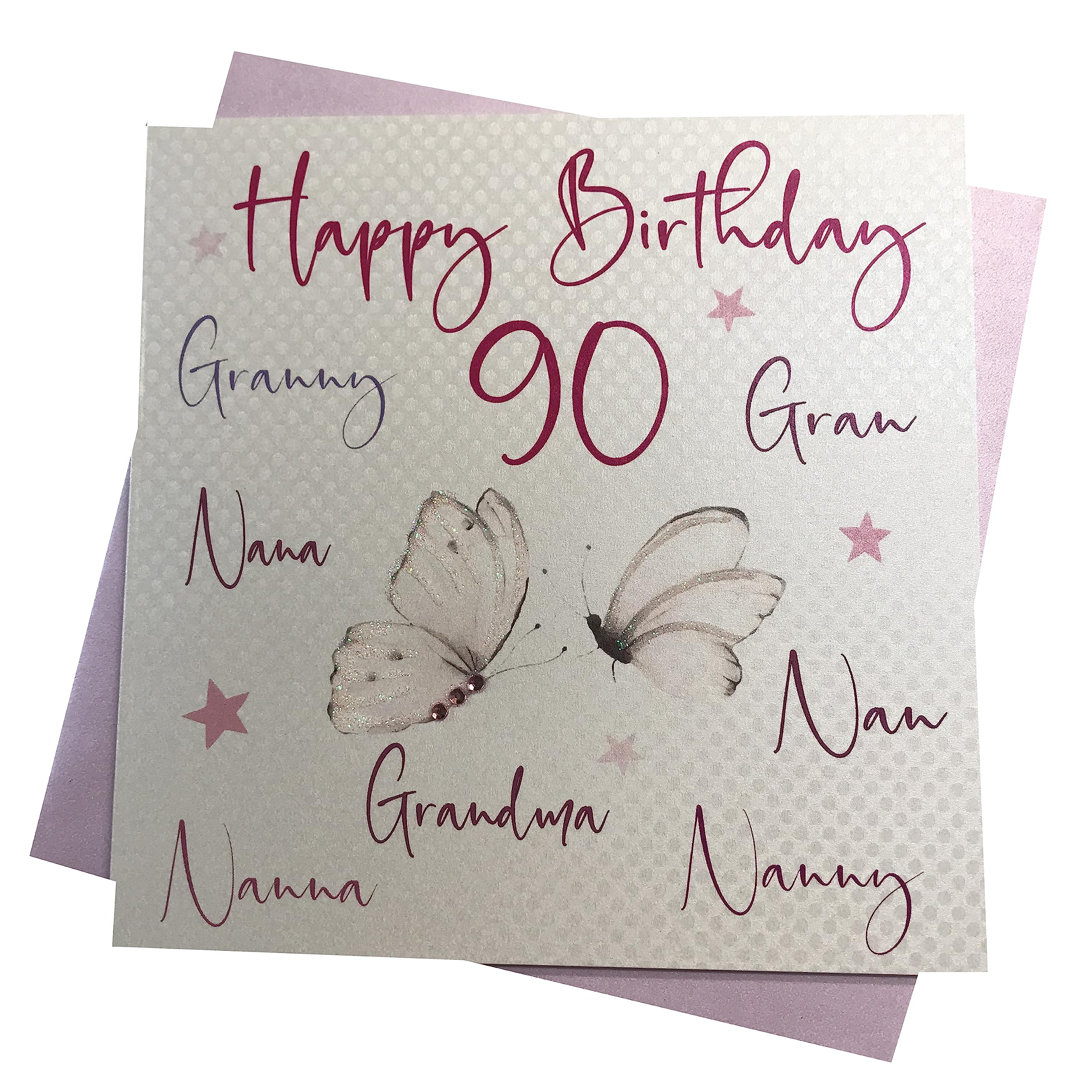 White Cotton Cards Geburtstagskarte Für Oma – Handmade Mit Strass, 16x16 Cm, Zum 90. Geburtstag