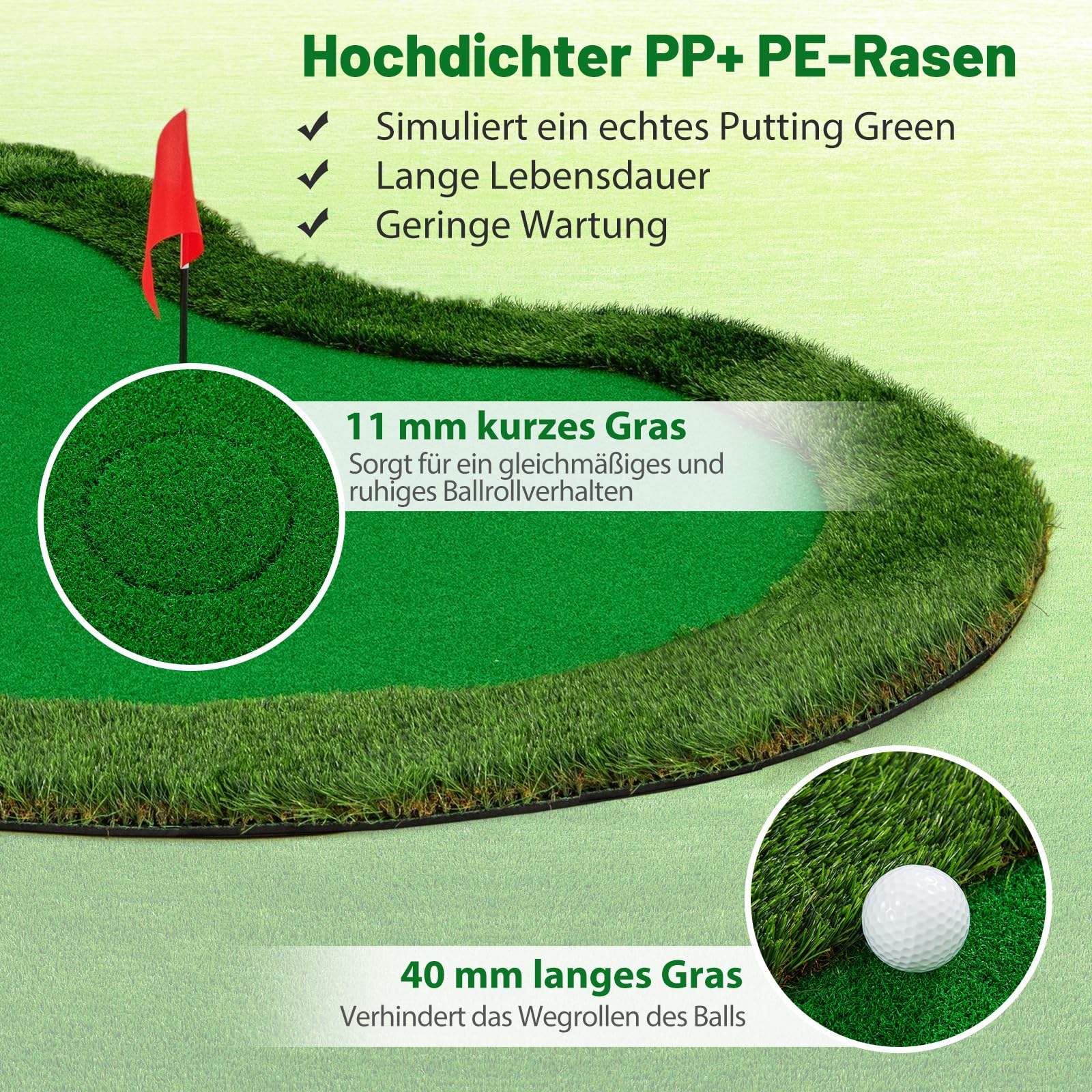 COSTWAY 300 cm Golf Puttingmatte, Golfmatte mit Kunstrasen, Golfbälle, 3 Löchern, 3 Fahnen & Putting Cups, Übungsmatte faltbar für Indoor & Outdoor, Putting Green Golf Trainingsmatte für Zuhause