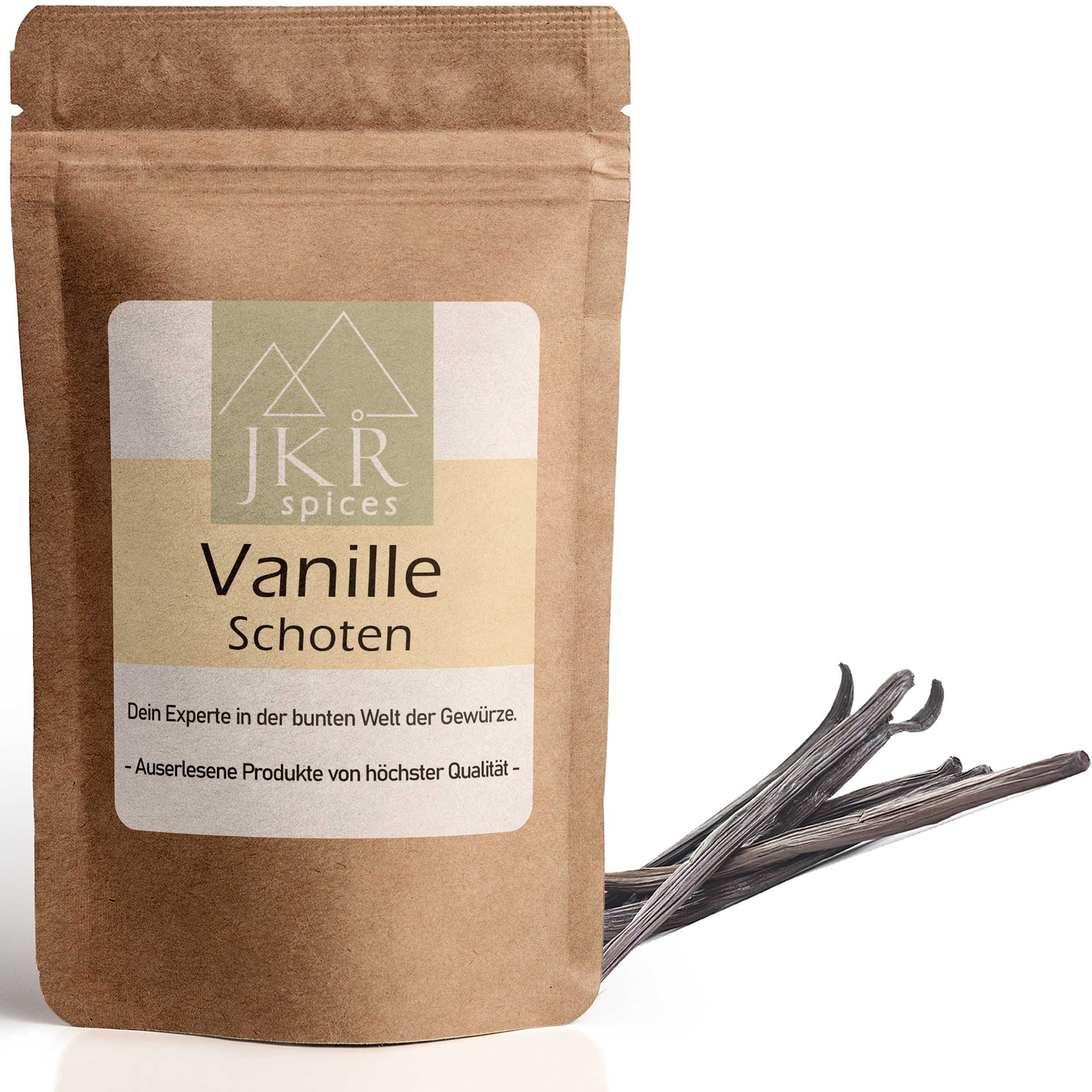 JKR Spices Bourbon Vanille Schoten ganz- echte Vanilleschoten aus Madagaskar - 13 -15cm ganze Vanilleschoten | Ideal zum Backen und für Dessert | 100% natürlich ohne Zusätze - 100g