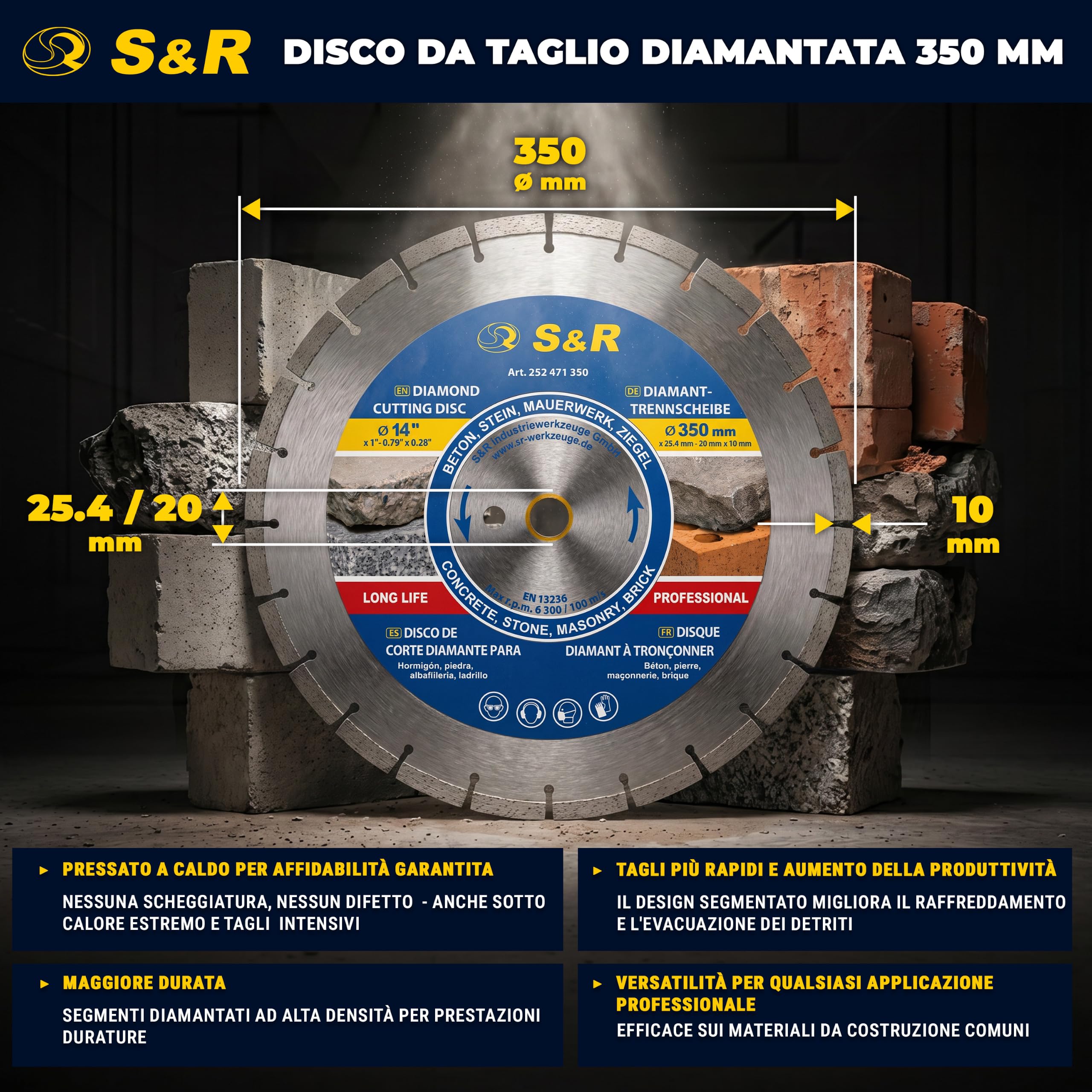 S&R Disco diamantato 350 mm Calcestruzzo. Disco Smerigliatrice 350 per troncare tagliare Calcestruzzo, Pietra, Mattoni Muratura